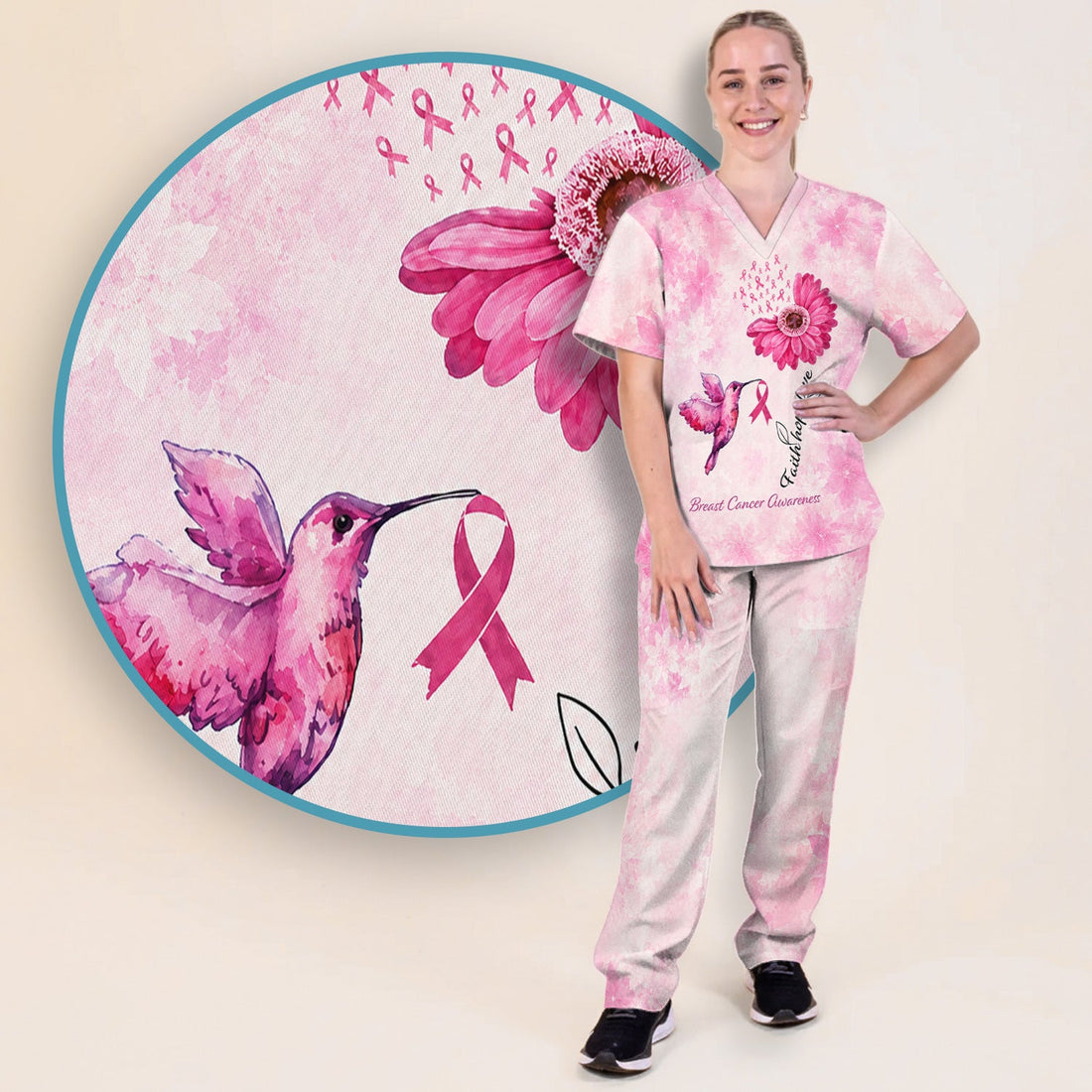 Breast Cancer Awareness Hummingbird Nurse Scrub Set