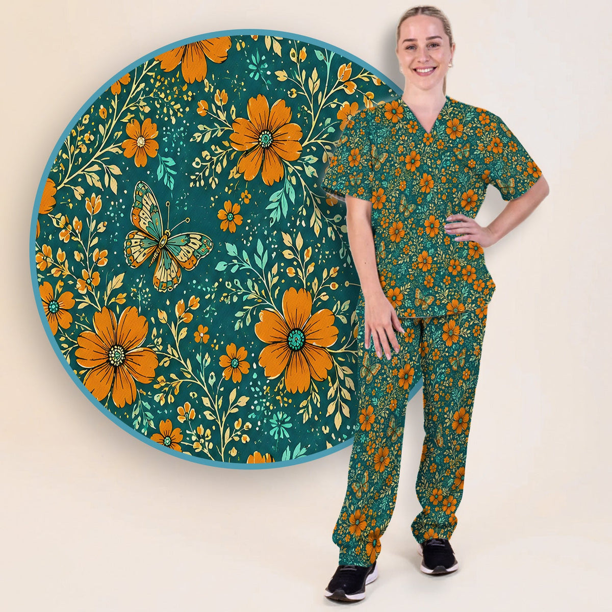 Orange Floral Butterfly Vine Nurse Scrub Set