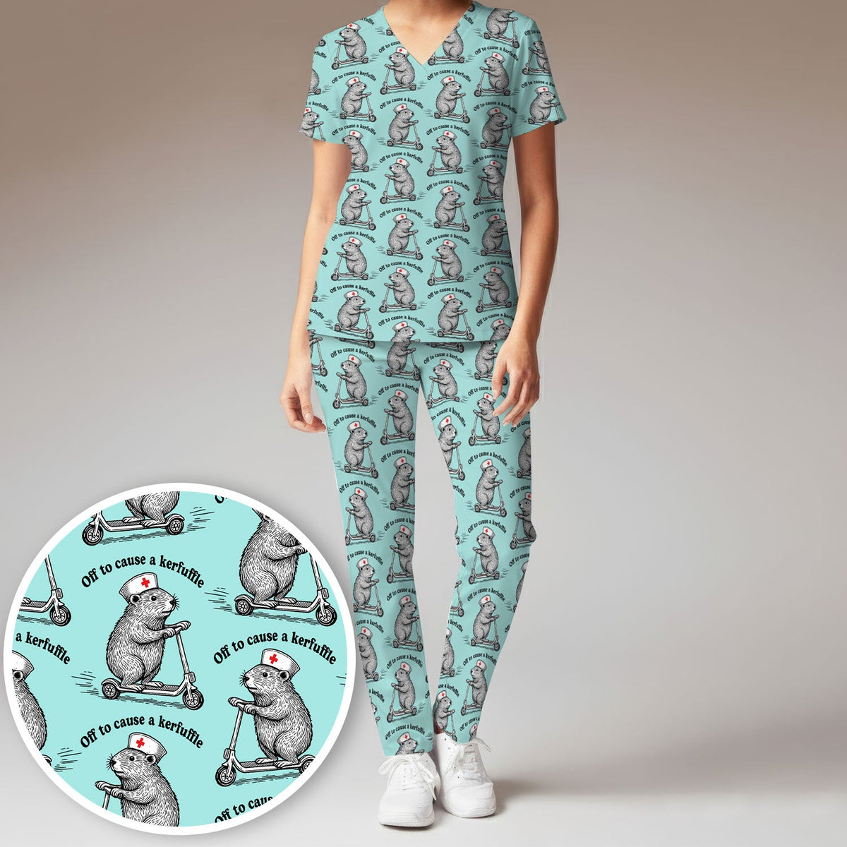 Funny Nurse Mouse Scooter Print Women's Scrub Set, Scrub Pants and V Neck Top
