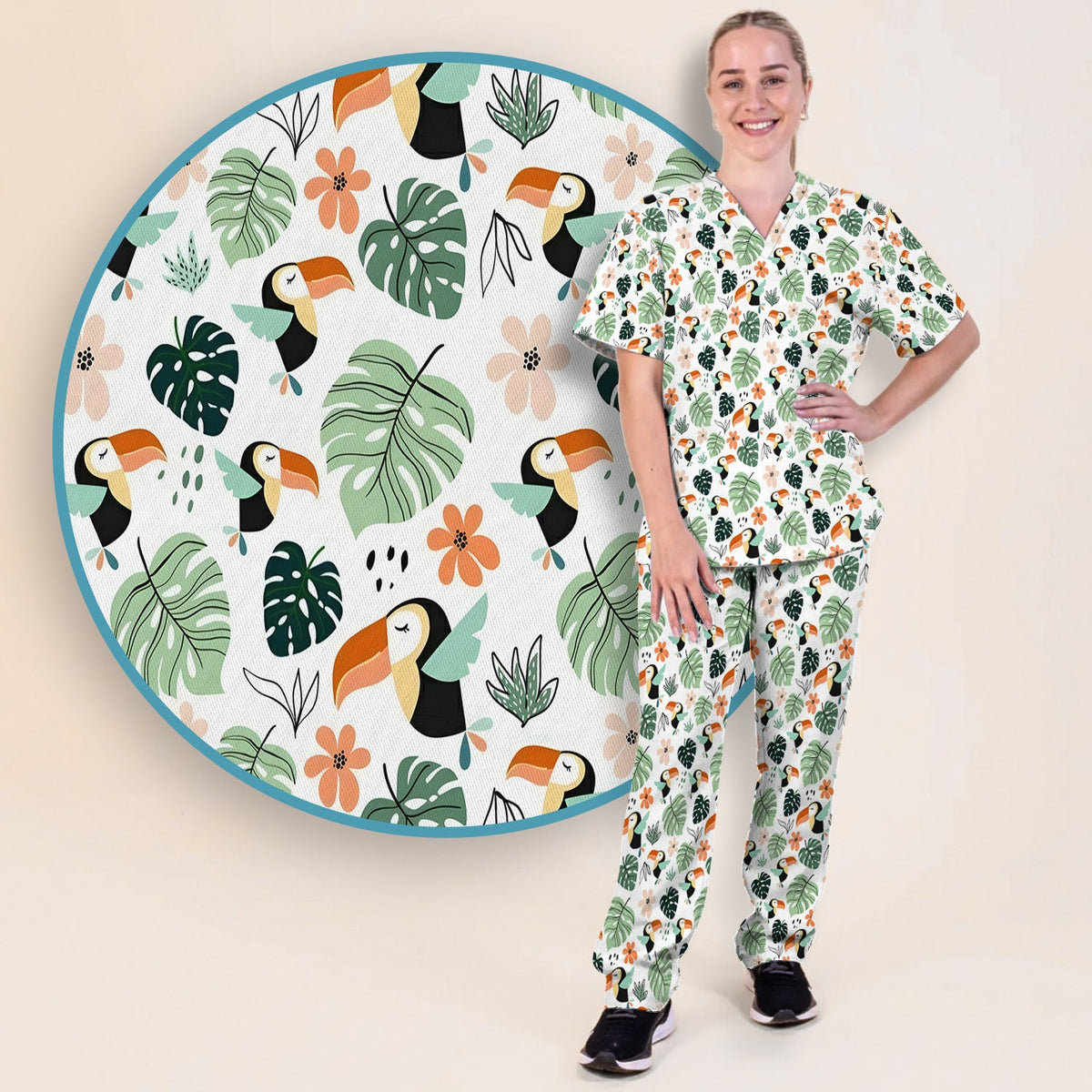 Tropical Toucan Leaf Floral Nurse Scrub Set