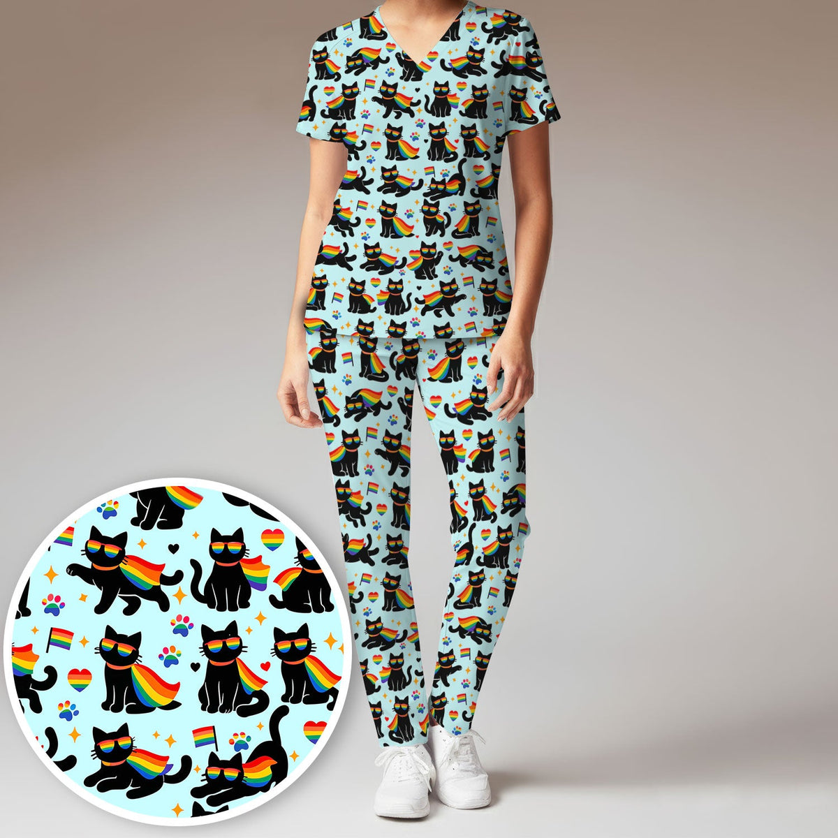 Rainbow Black Cat Pride Pattern Scrub Set, Breathable Med Uniform