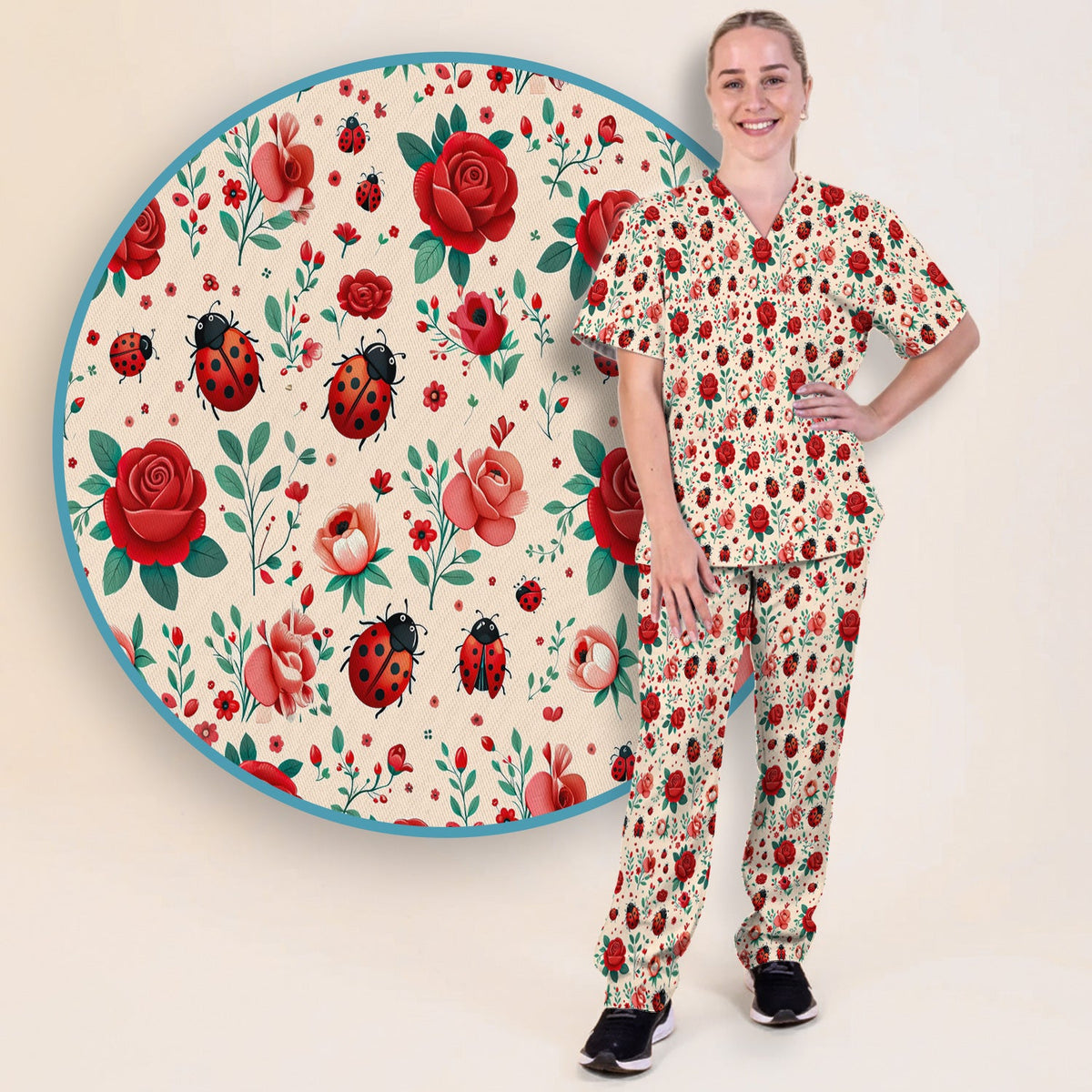 Ladybug Red Rose Floral Nurse Scrub Set