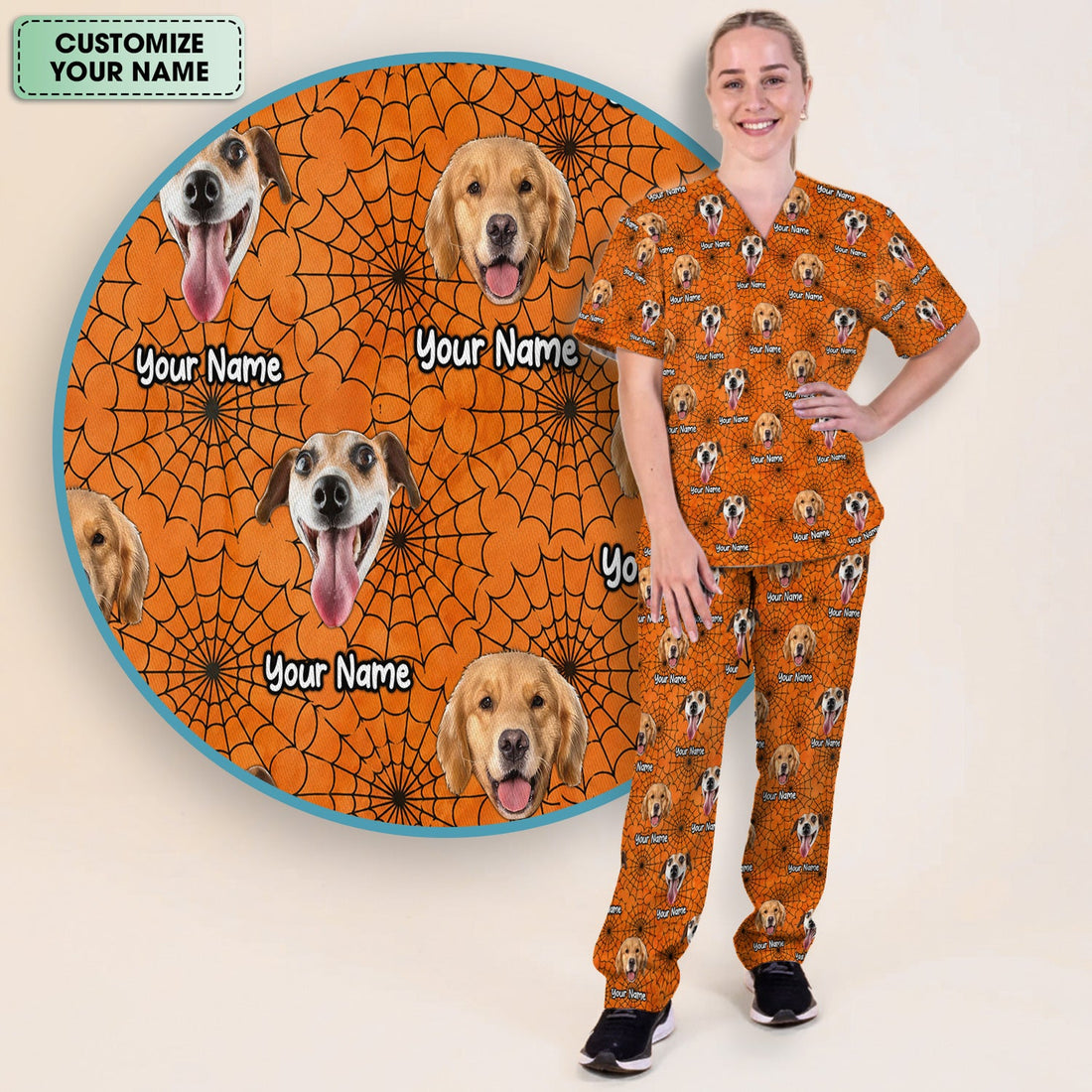 Personalized Halloween Dog Photo Spiderweb Scrub Set