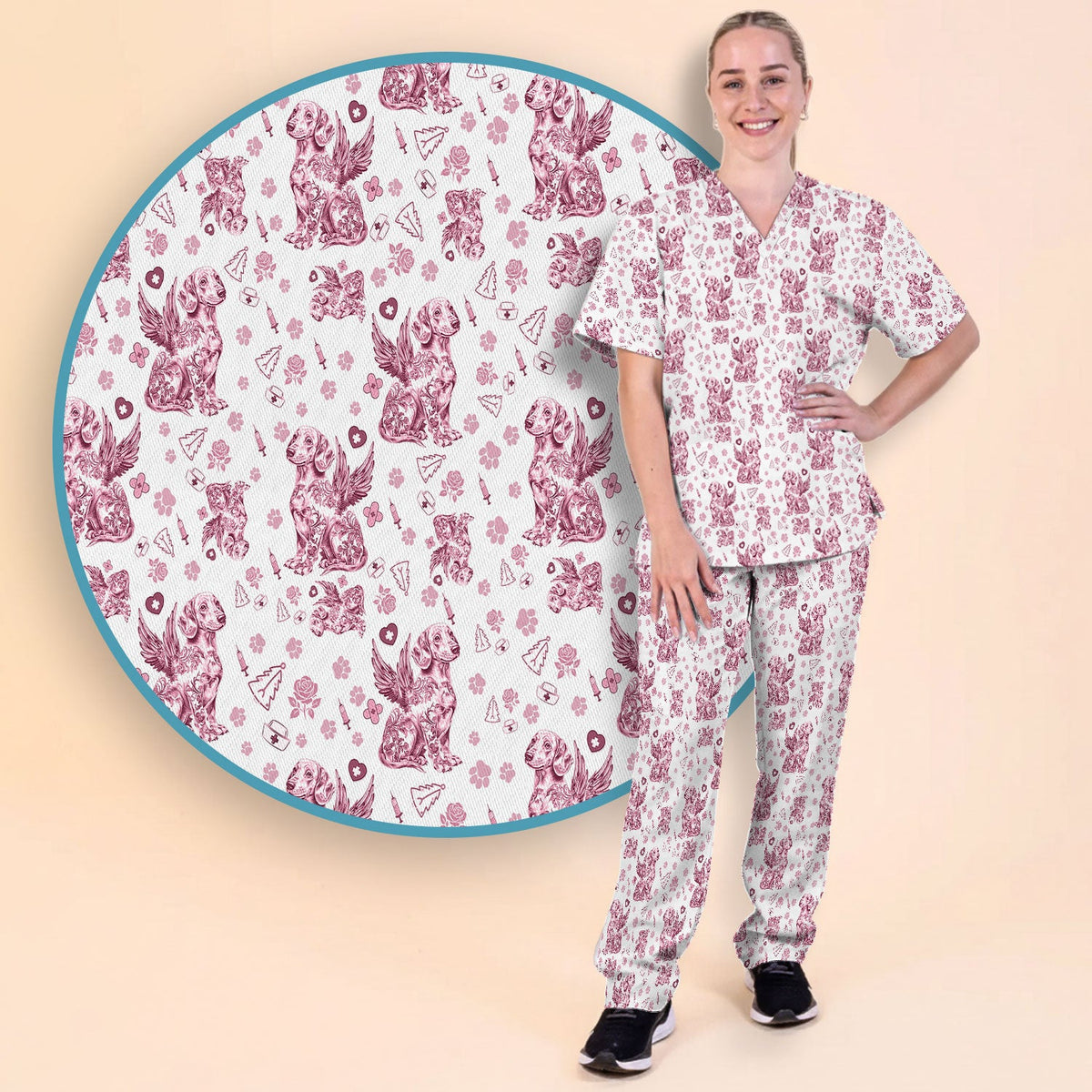Toile De Jouy Dachshund Angel Nurse Scrub Set