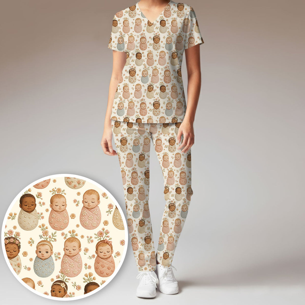 Sweet Newborn Baby Floral Print Women's Scrub Set, Breathable Med Uniform