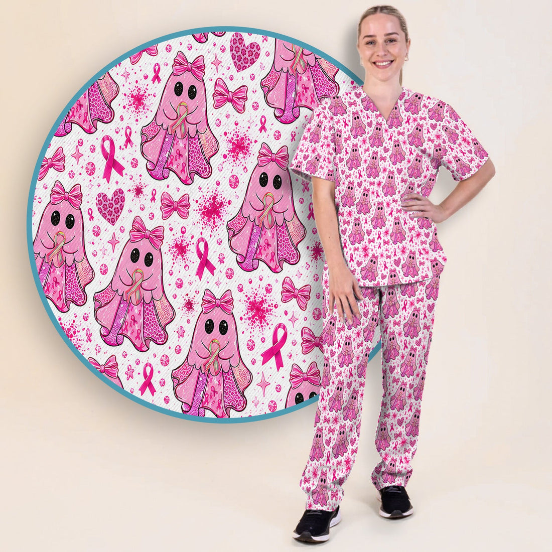 Breast Cancer Ribbon Ghost Princess Scrub Set, Scrub Pants and V Neck Top