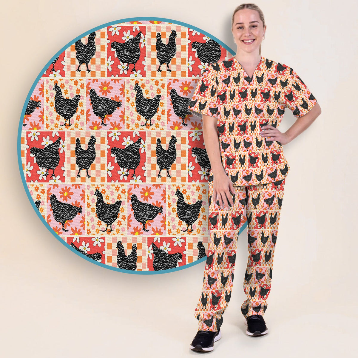 Chicken Patchwork Floral Nurse Scrub Set