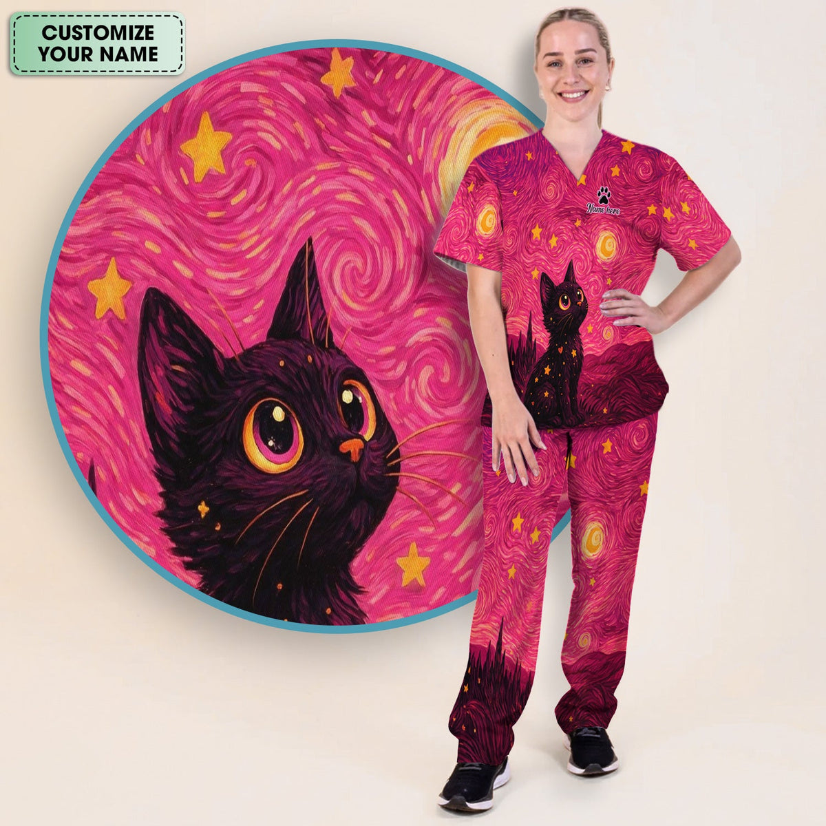 Personalized Black Cat Galaxy Star Swirl Nurse Scrub Set