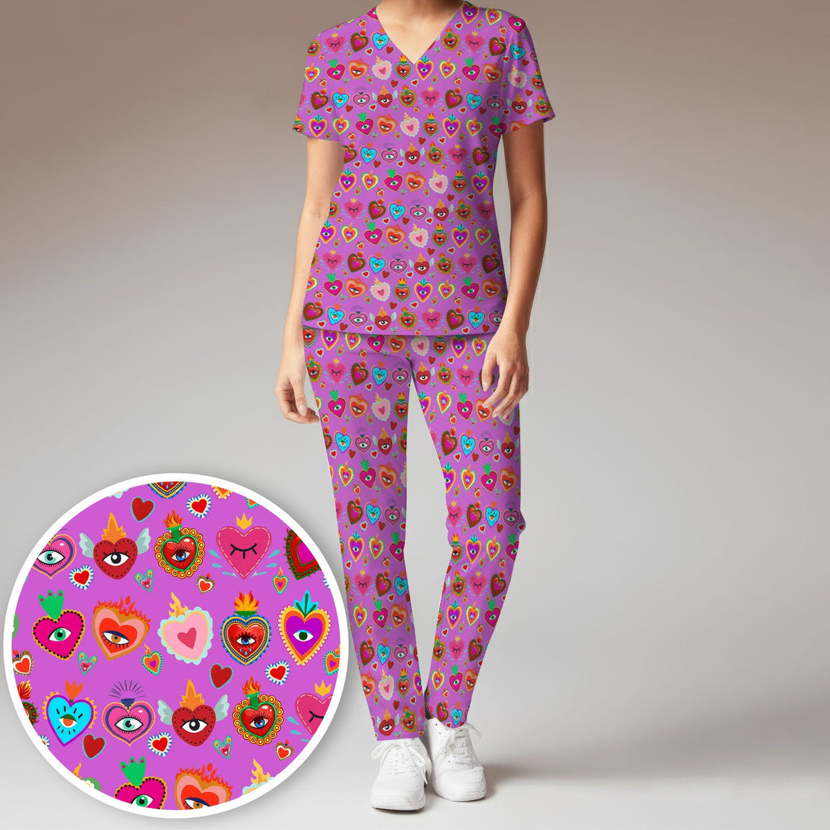 Valentine Colorful Sacred Heart Nurse Scrub Set