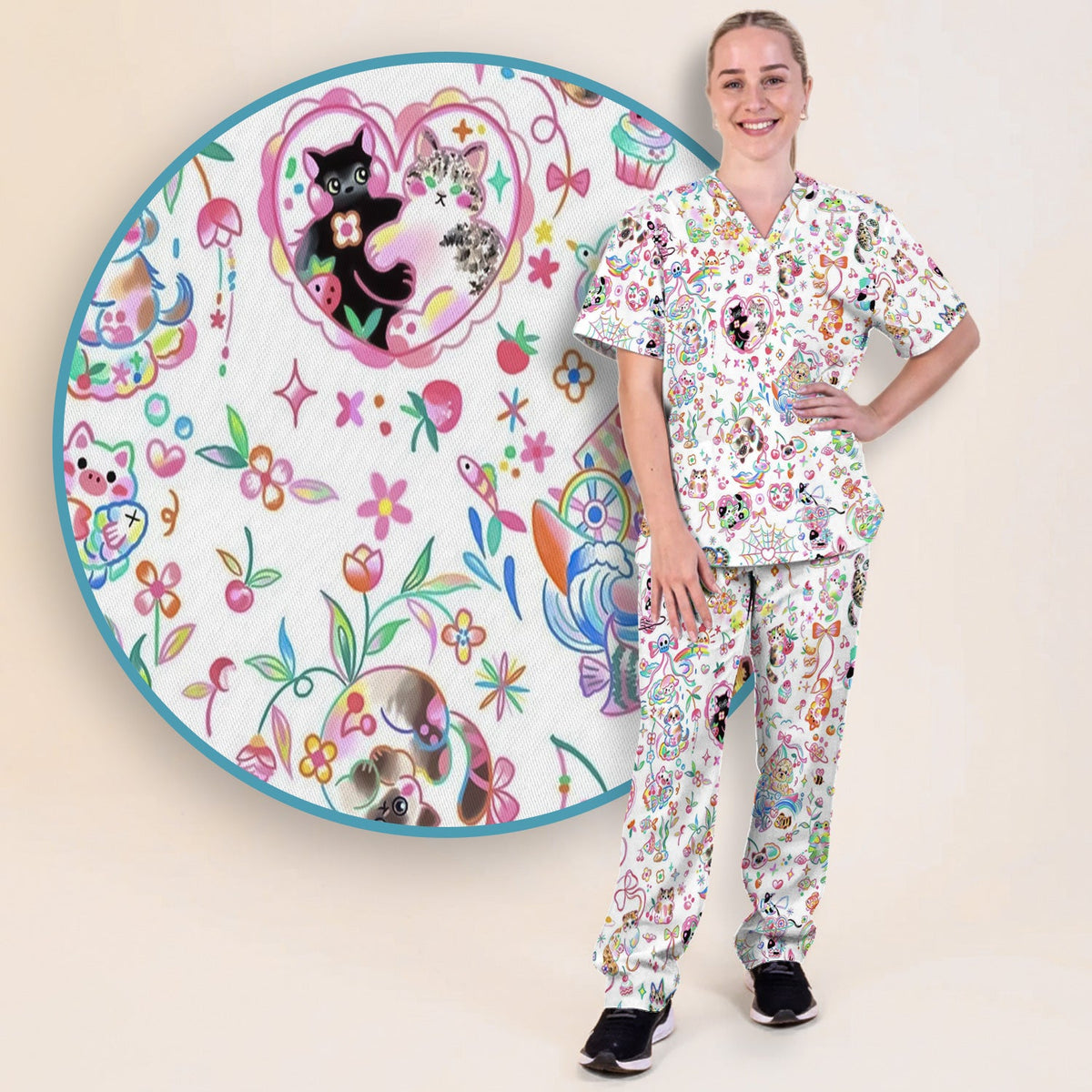 Kawaii Animal Rainbow Heart Nurse Scrub Set