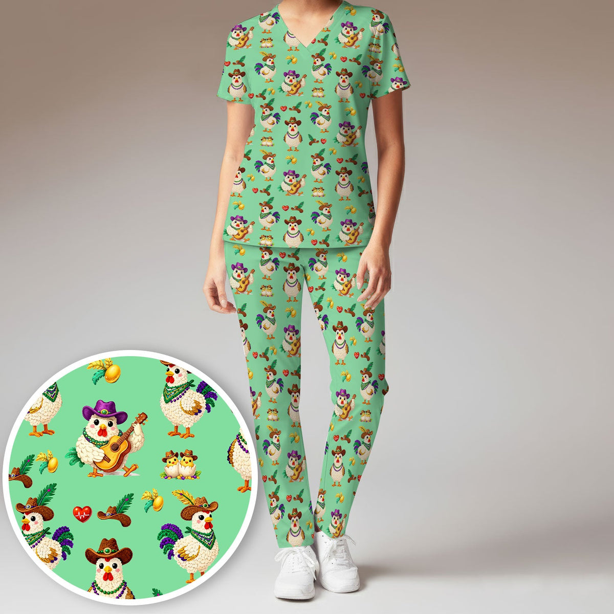 Mardi Gras Rooster Cowboy Nurse Scrub Set