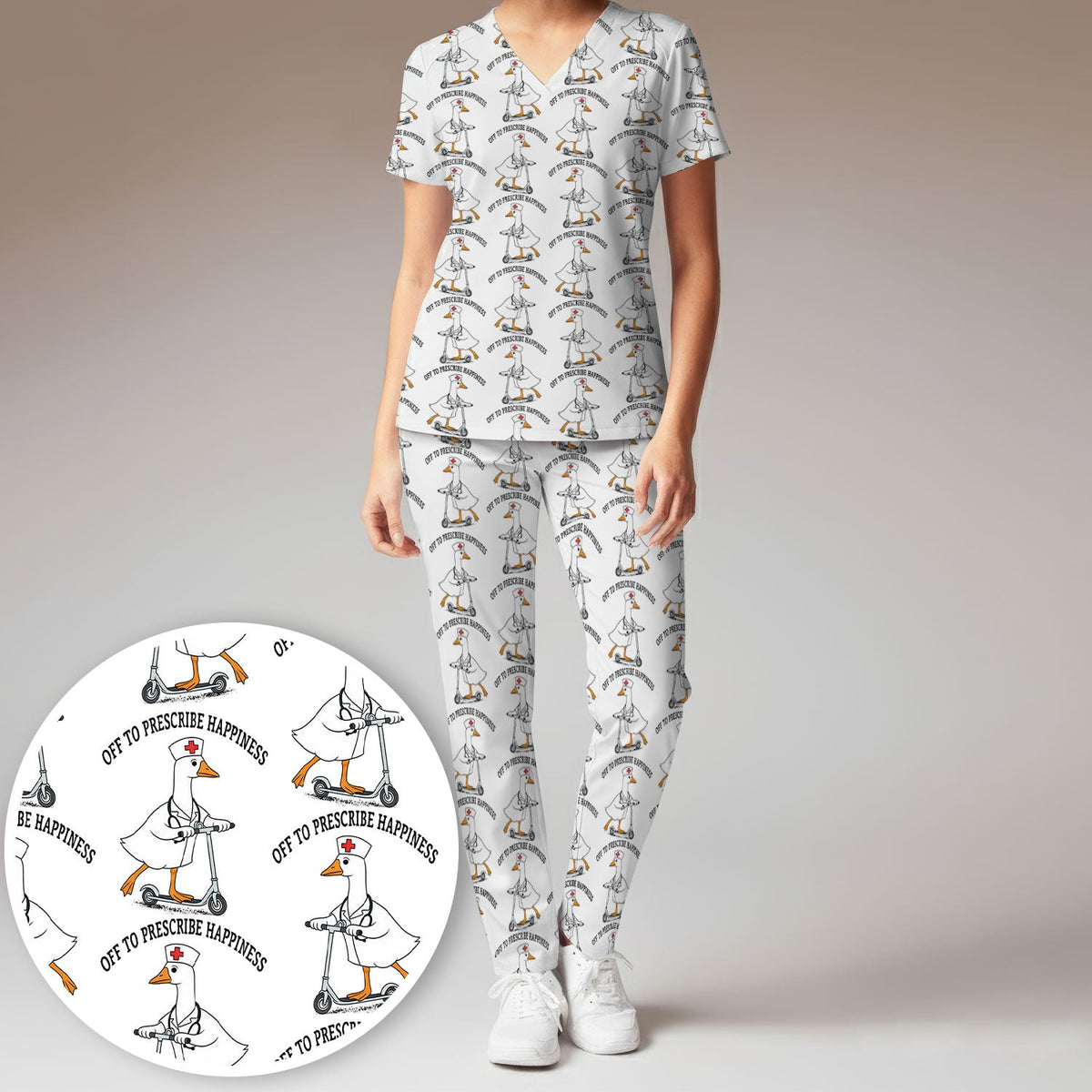 Nurse Goose Scooter Print Scrub Set, Breathable Med Uniform
