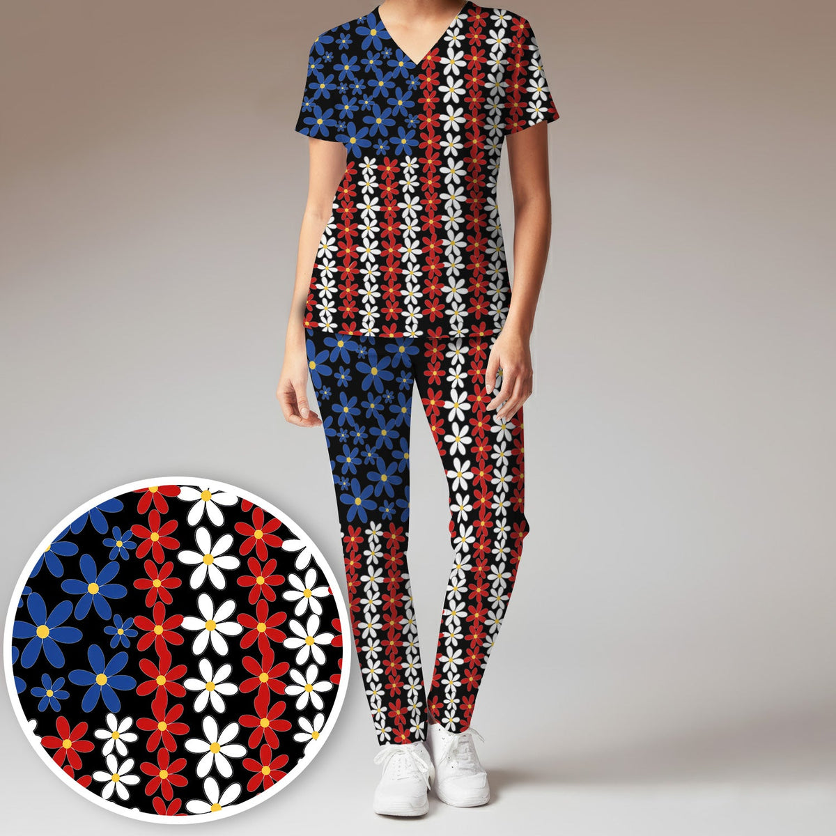 Retro Red Blue Daisy Nurse Scrub Set