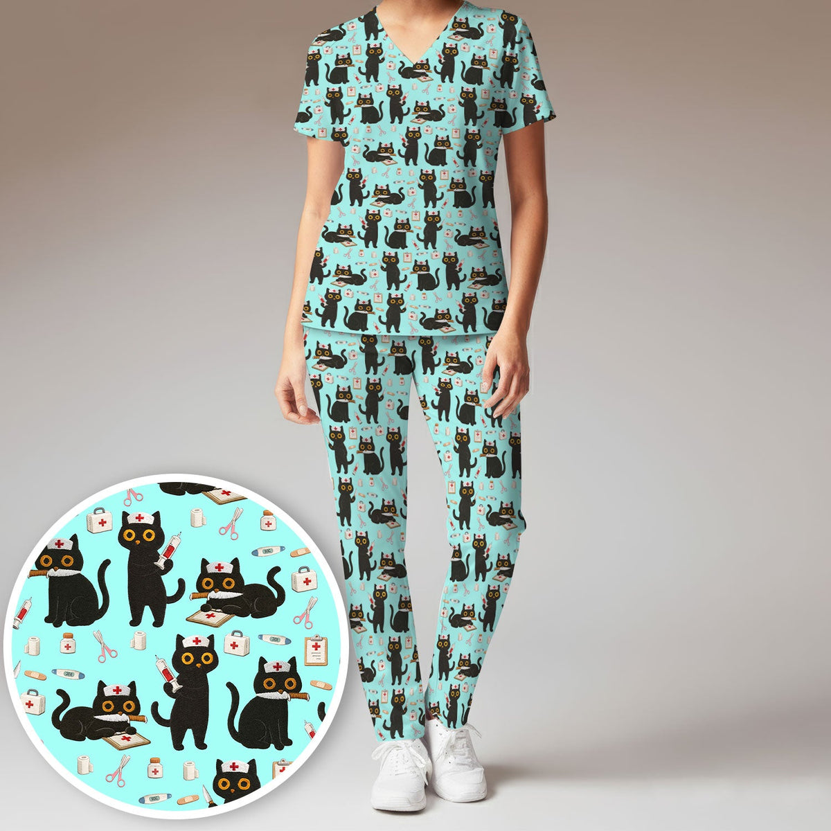 Cute Teal Black Cat Nurse Scrub Set