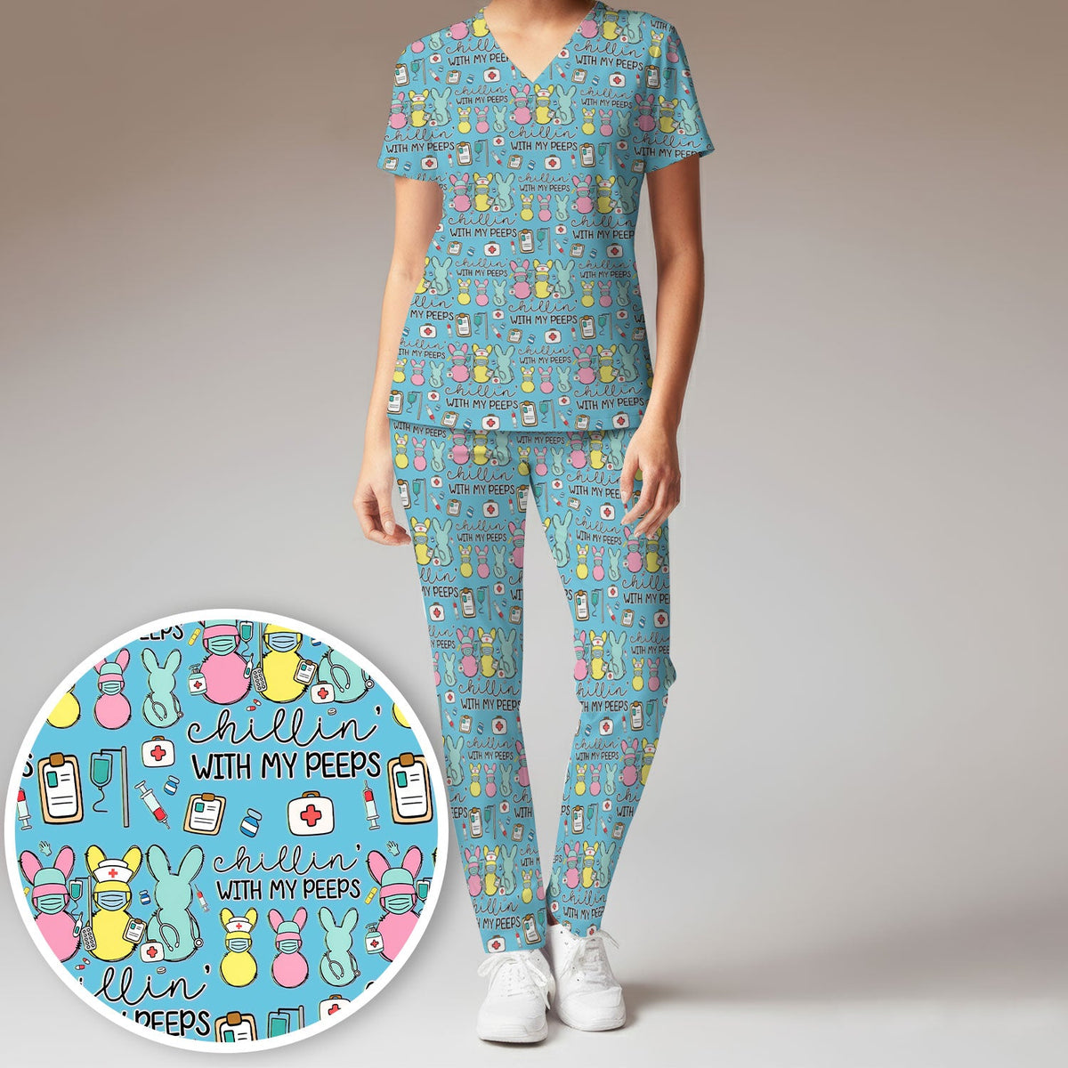 Bunny Nurse Chillin With My Peeps Scrub Set - Easter Gift