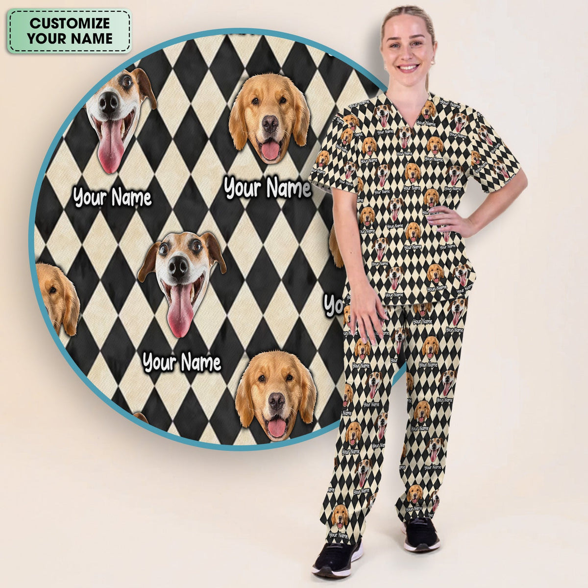 Personalized Pet Portrait Argyle Nurse Scrub Set