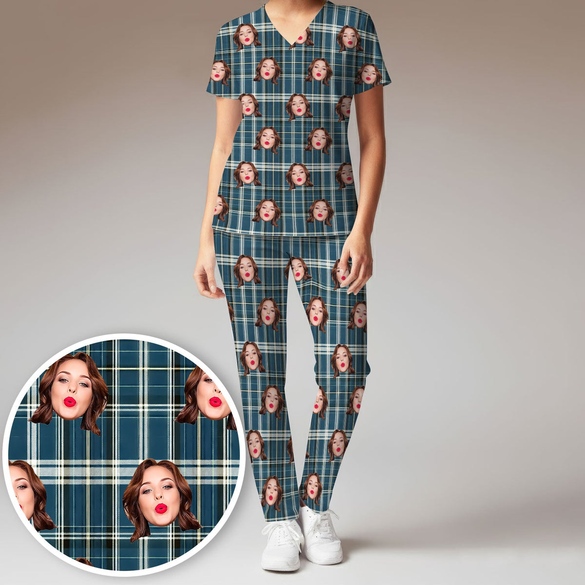 Personalized Photo Plaid Nurse Scrub Set