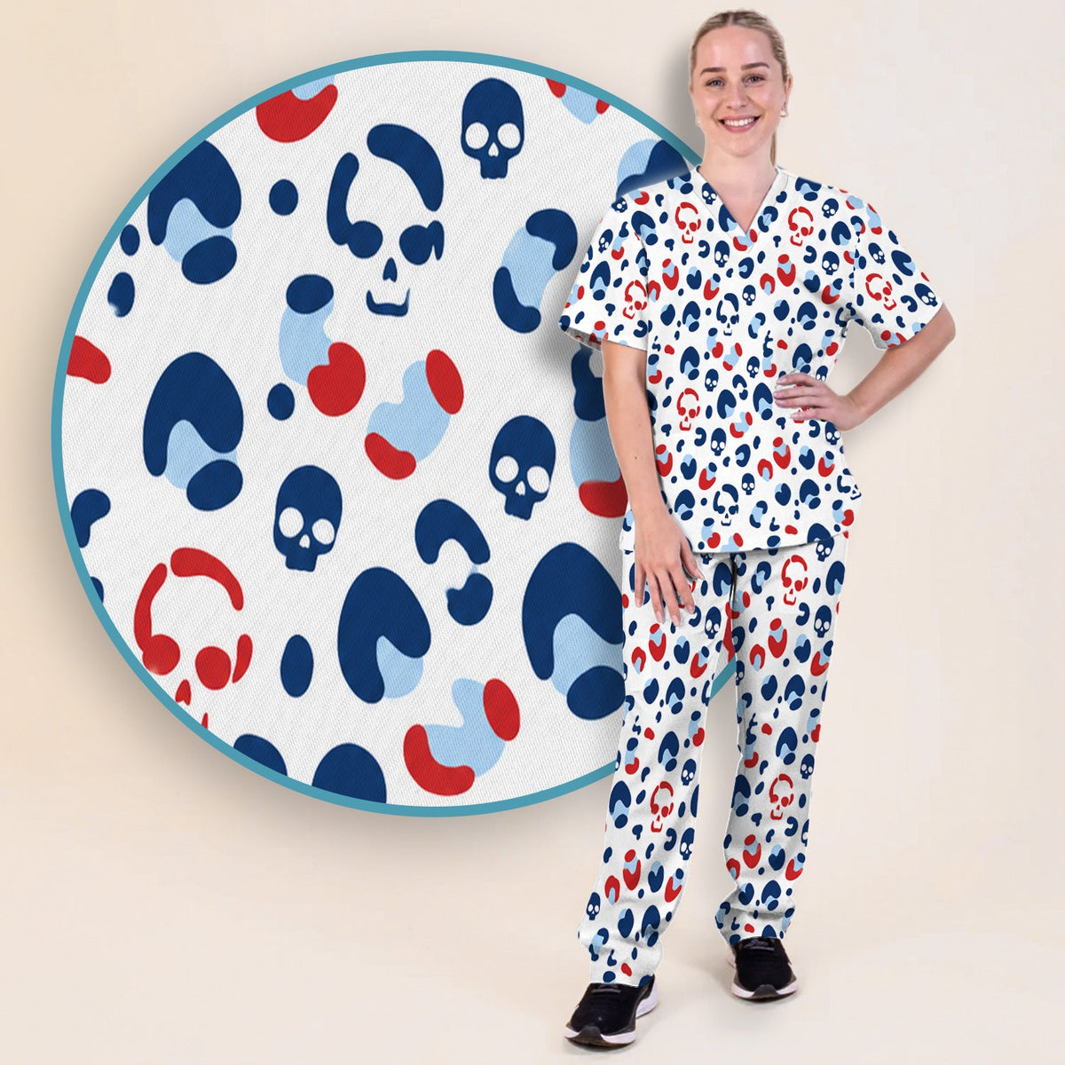 Red Blue Skull Leopard Nurse Scrub Set