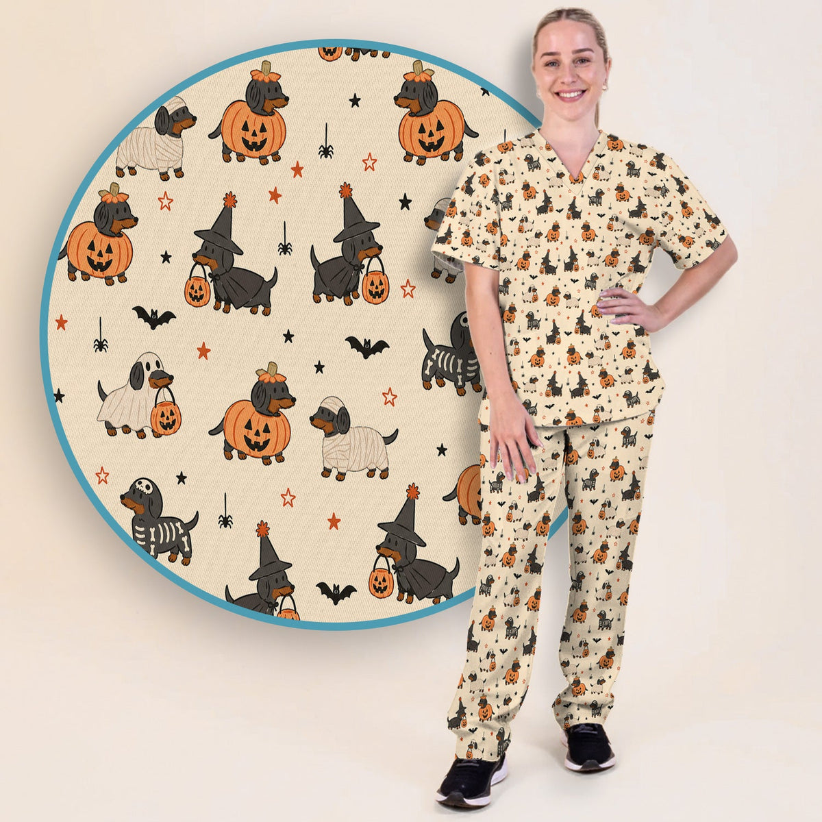 Dachshund Pattern Nurse Scrub Set - Halloween Gift
