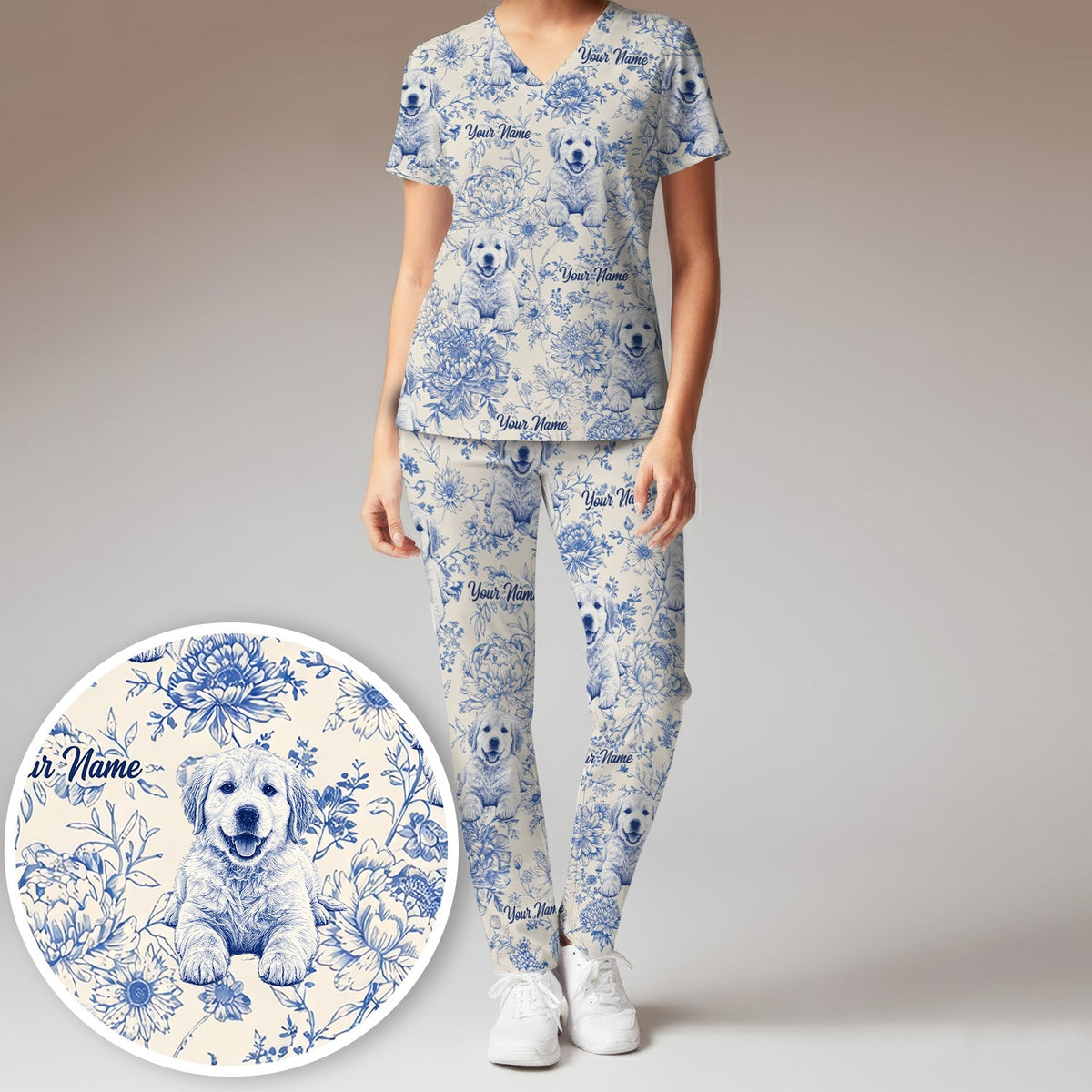 Personalized Pet Photo Floral Nurse Scrub Set