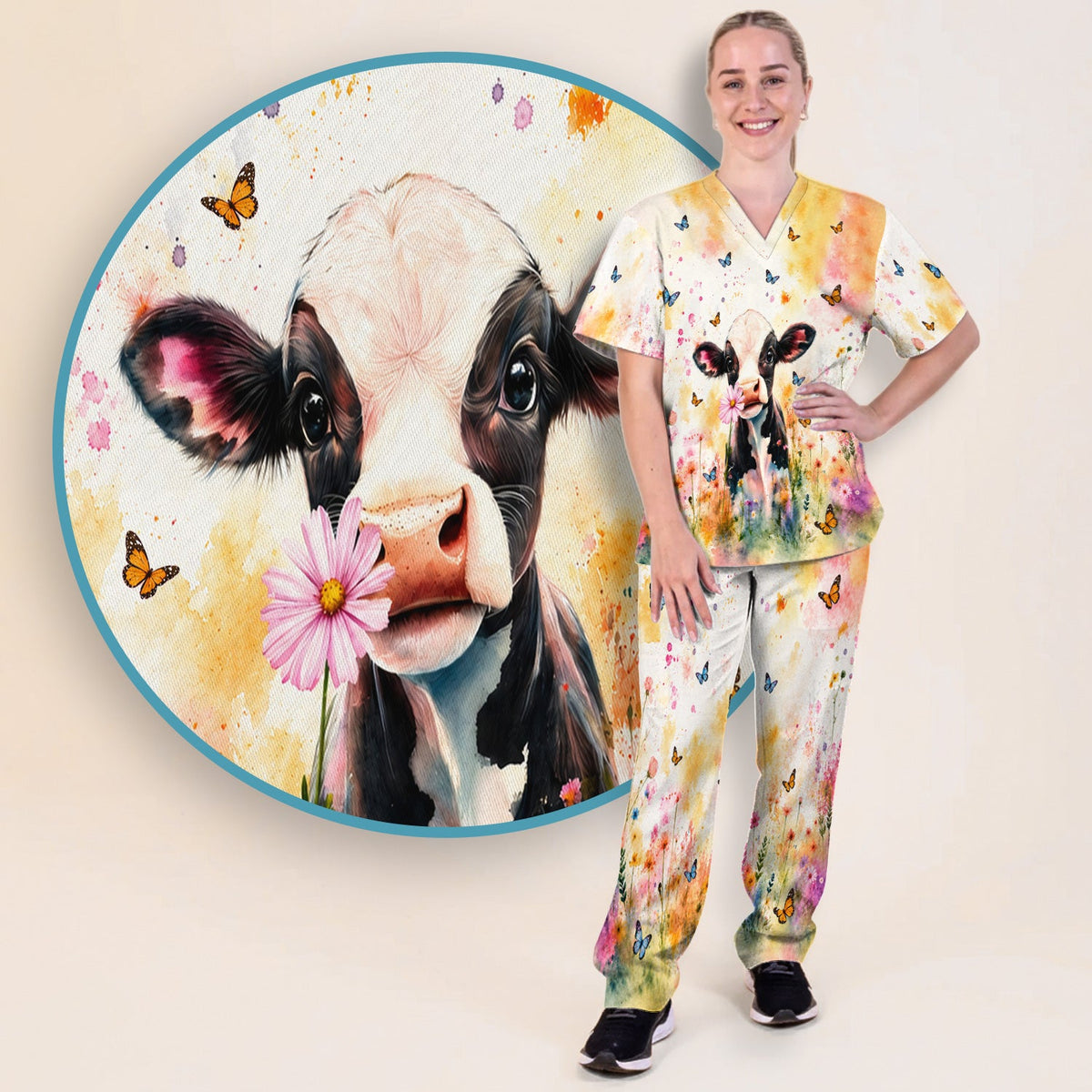 Butterfly Baby Cow Nurse Scrub Set