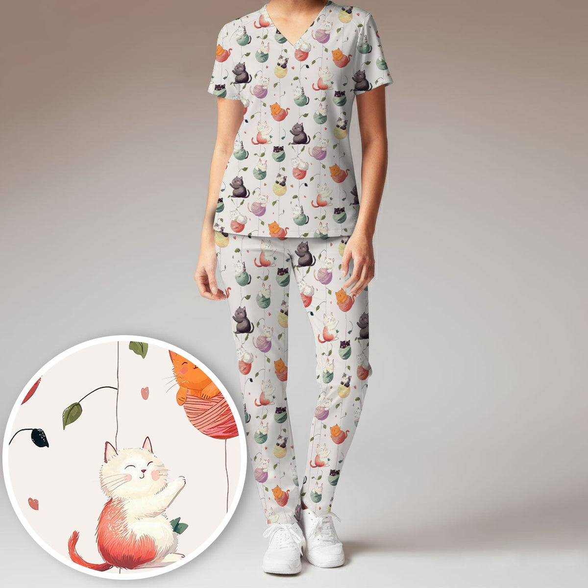 Cats Playing Yarn Balls Nurse Scrub Set
