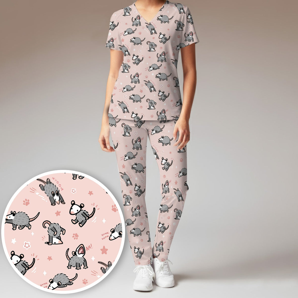 Cartoon Opossum Nurse Scrub Set