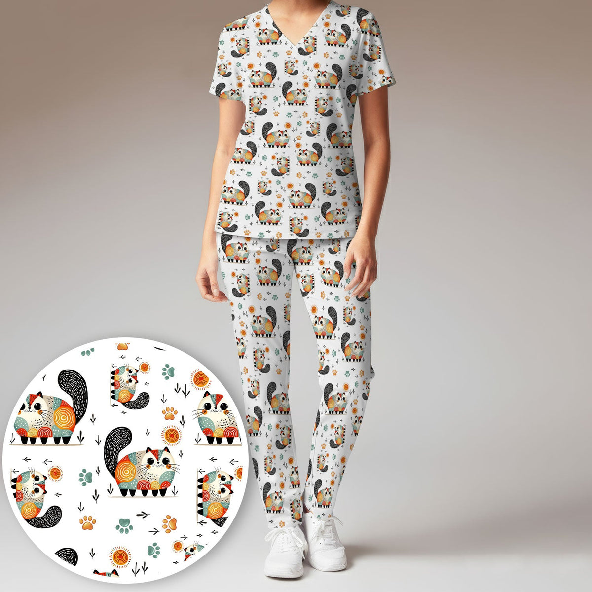 Cat Illustration Nurse Scrub Set
