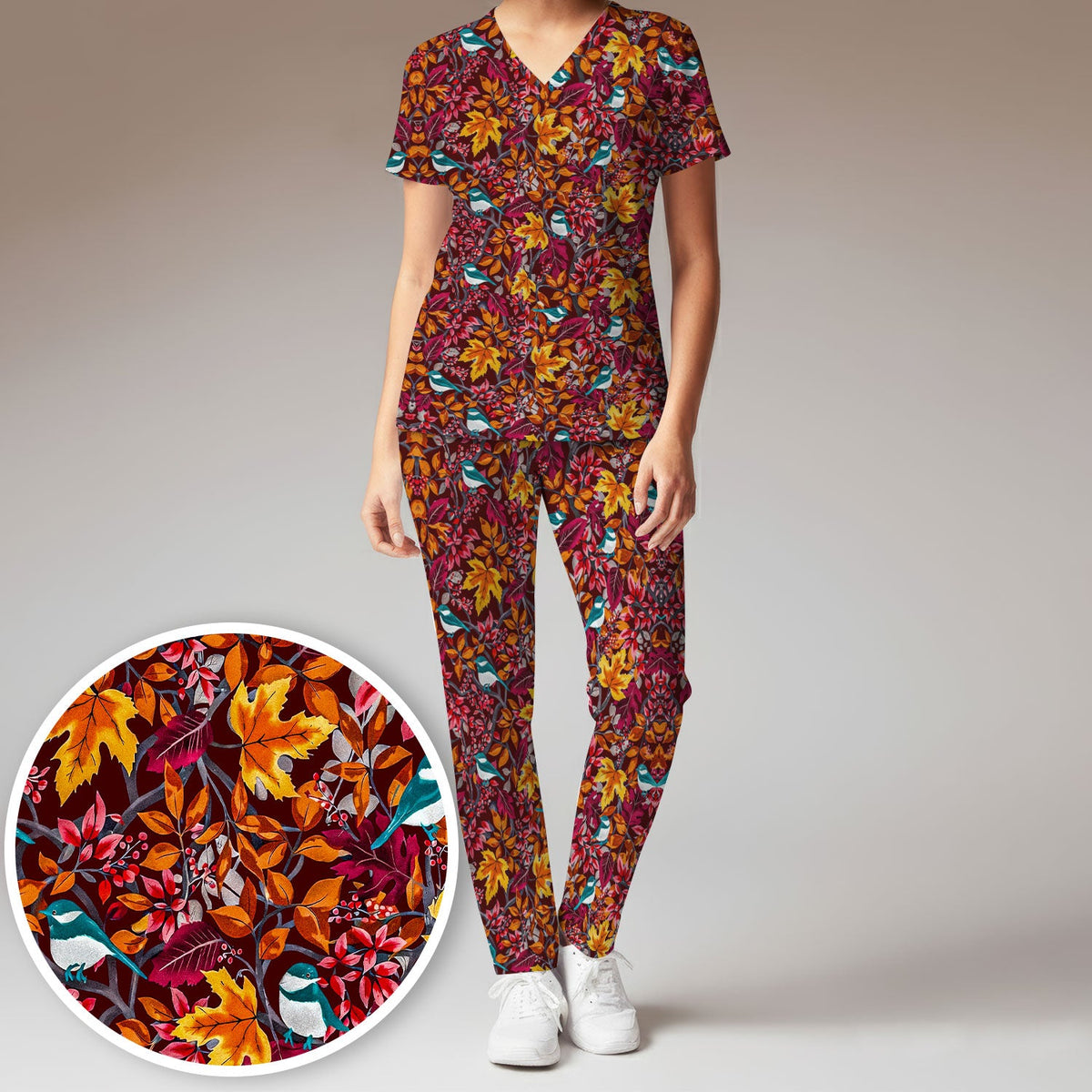 Autumn Leaves Blue Bird Nurse Scrub Set