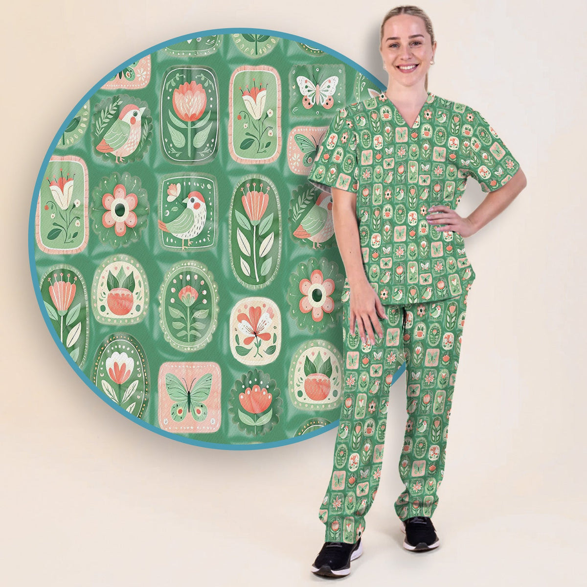 Folk Art Floral Bird Butterfly Garden Nurse Scrub Set