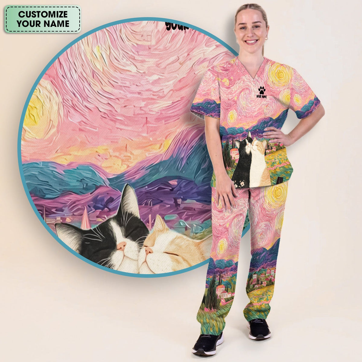 Personalized Cat Couple Sunset Sky Nurse Scrub Set
