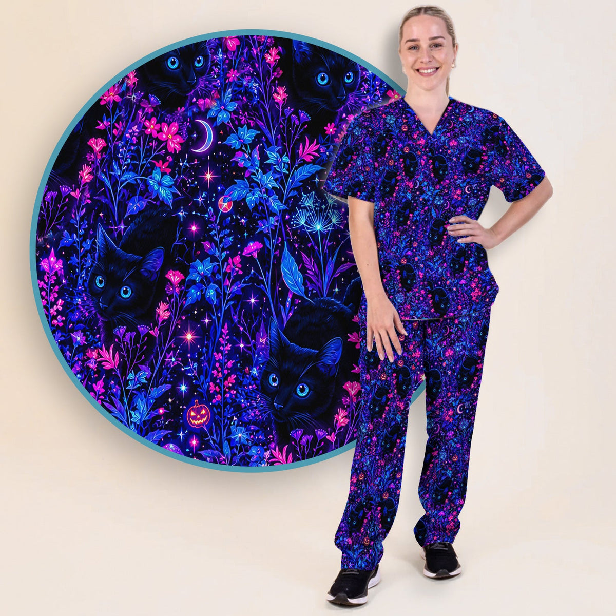 Spooky Black Cat Garden Nurse Scrub Set