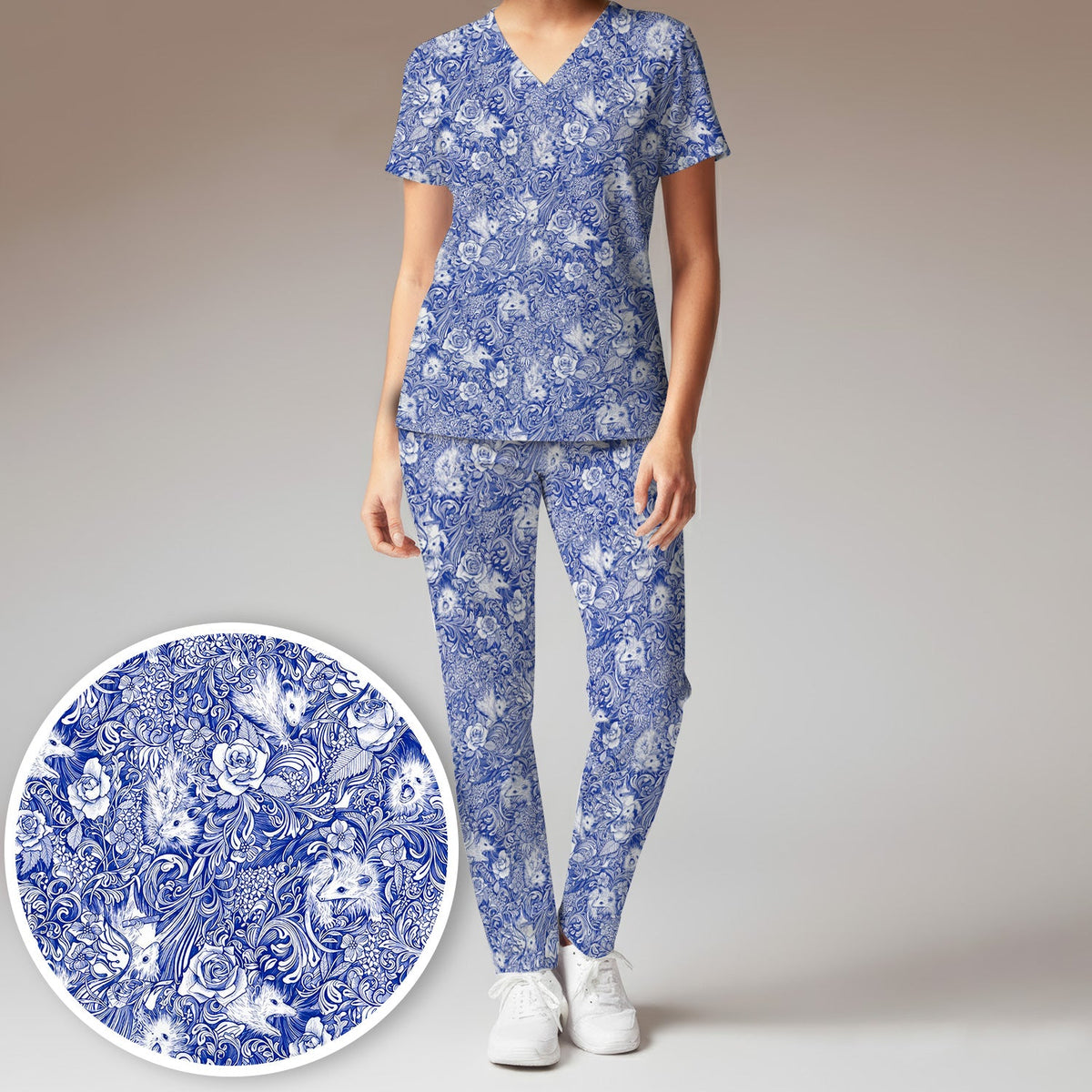 Blue Toile Opossum Floral Nurse Scrub Set