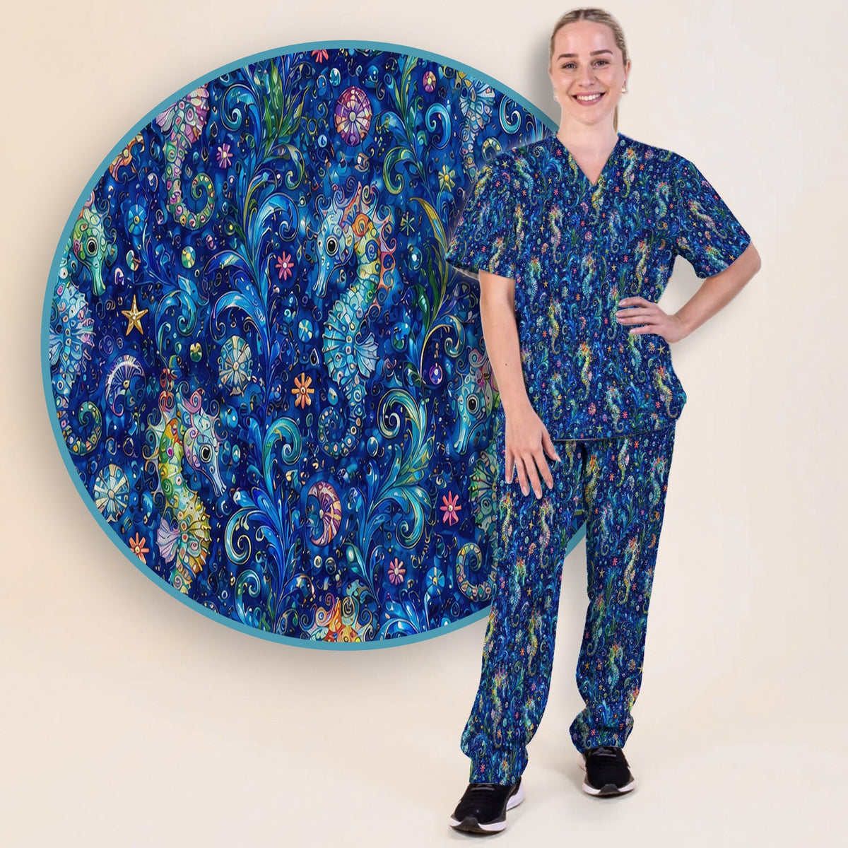 Vibrant Seahorse Ocean Swirl Nurse Scrub Set