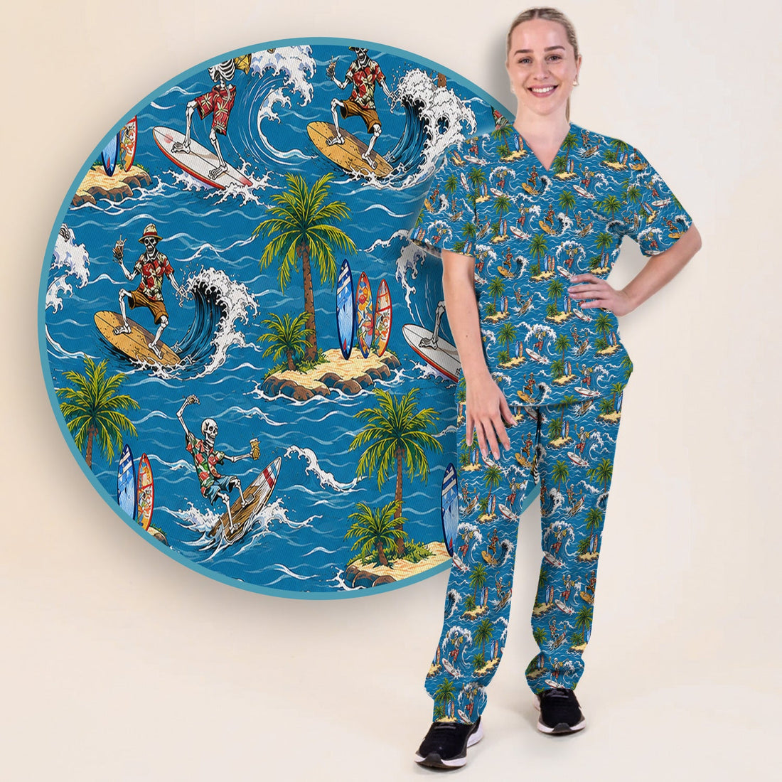 Spooky Tropical Skeleton Surfer Nurse Scrub Set