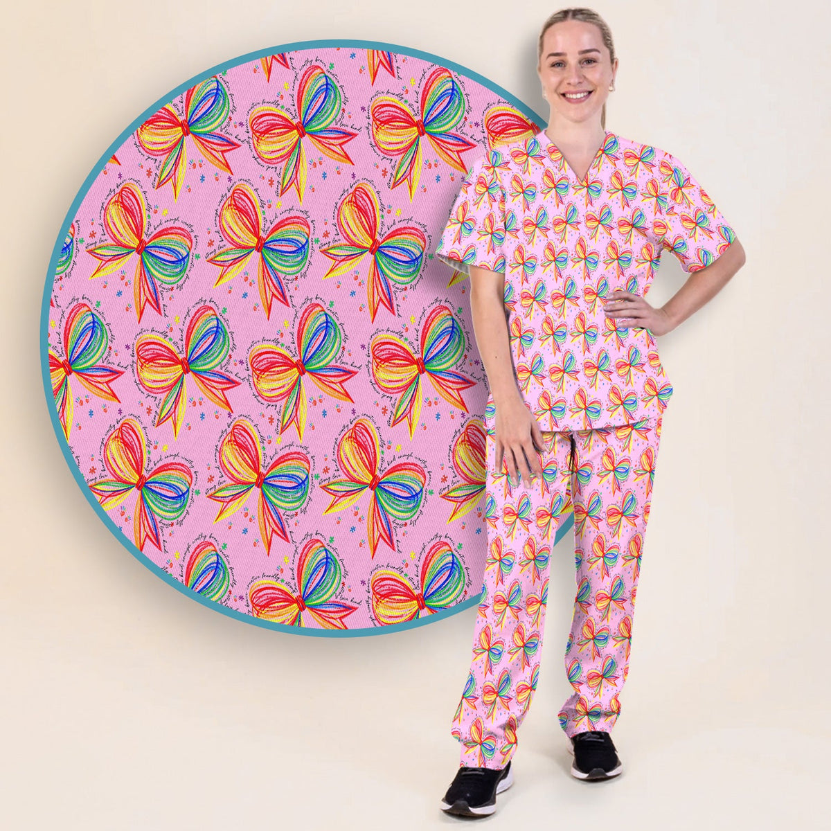 Colorful Rainbow Bow Nurse Scrub Set