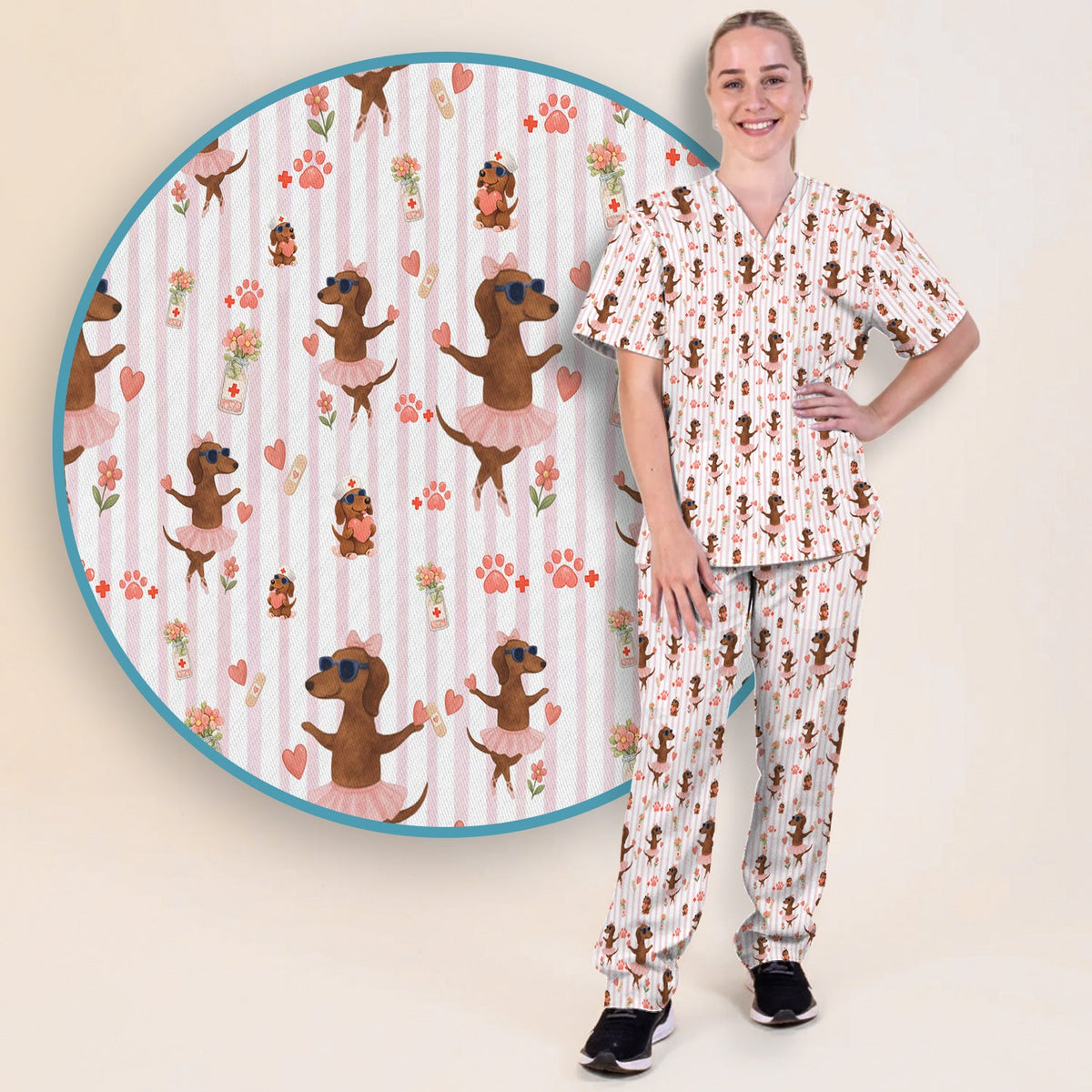 Dachshund Ballet Tutu Hearts Nurse Scrub Set