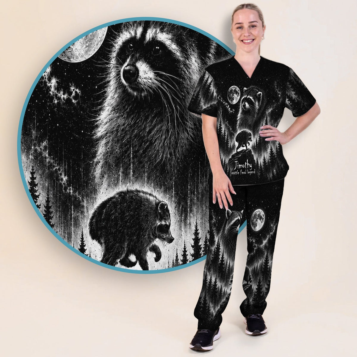 Moonlit Jimothy Raccoon Forest Nurse Scrub Set