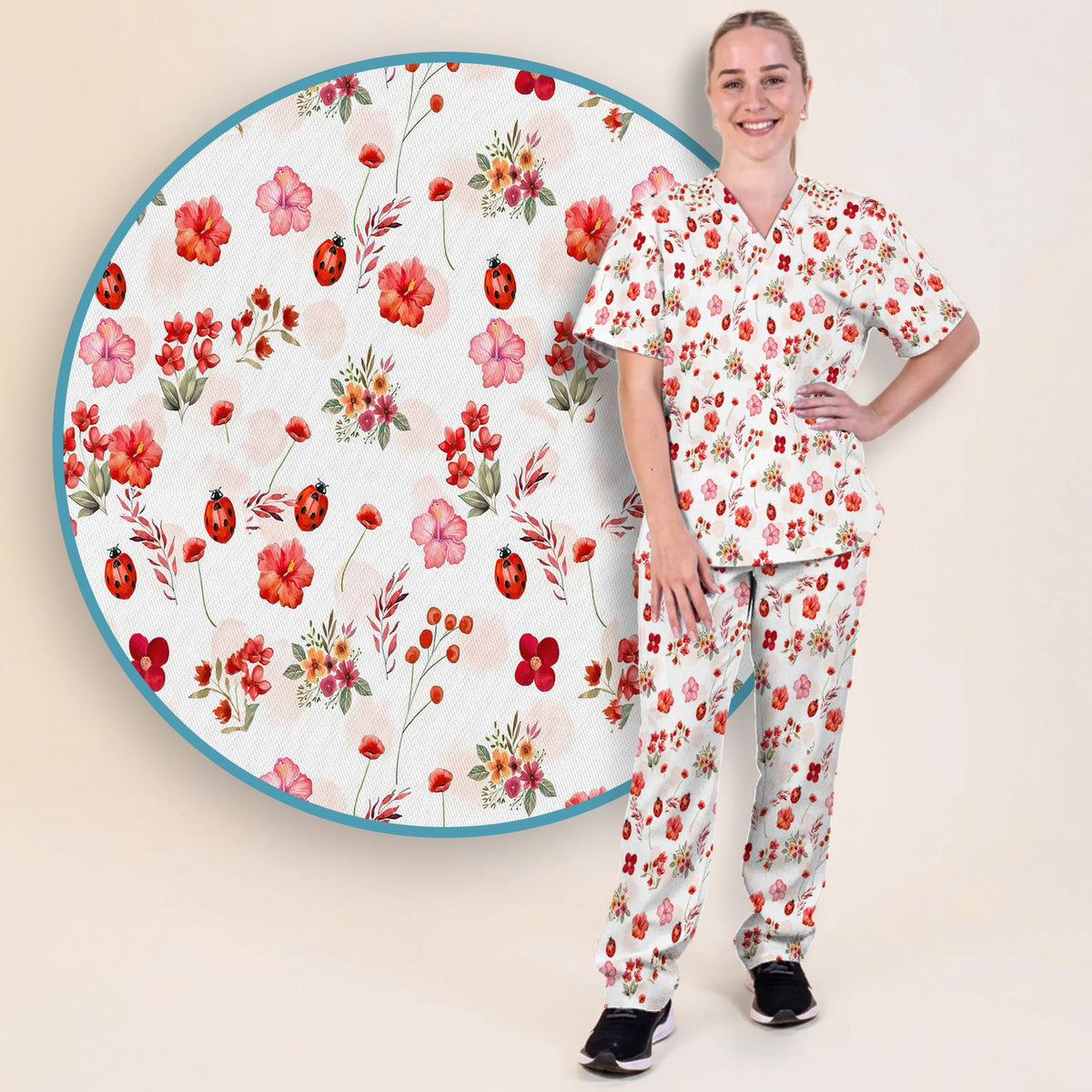 Red Ladybug Floral Garden Nurse Scrub Set