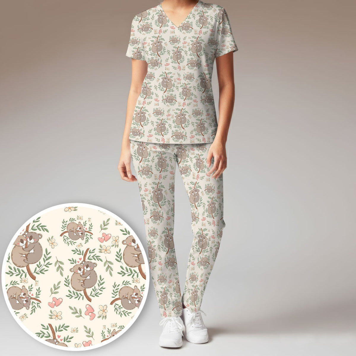 Koala Couple Floral Nurse Scrub Set