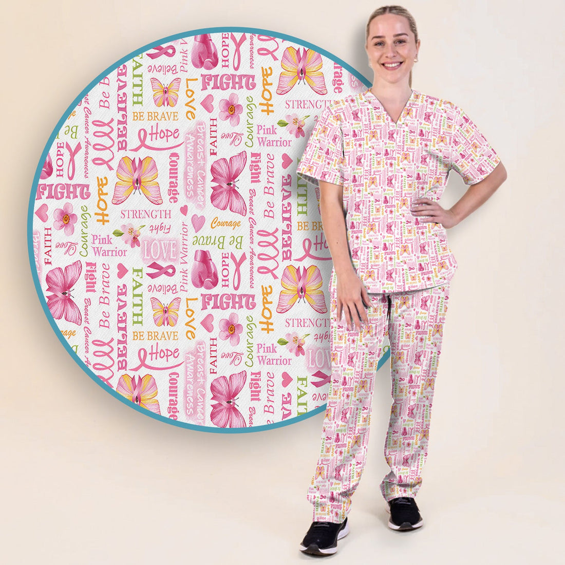 Breast Cancer Pink Ribbon Butterfly Nurse Scrub Set