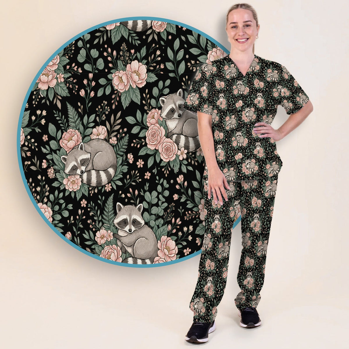 Sleeping Raccoon Rose Garden Nurse Scrub Set