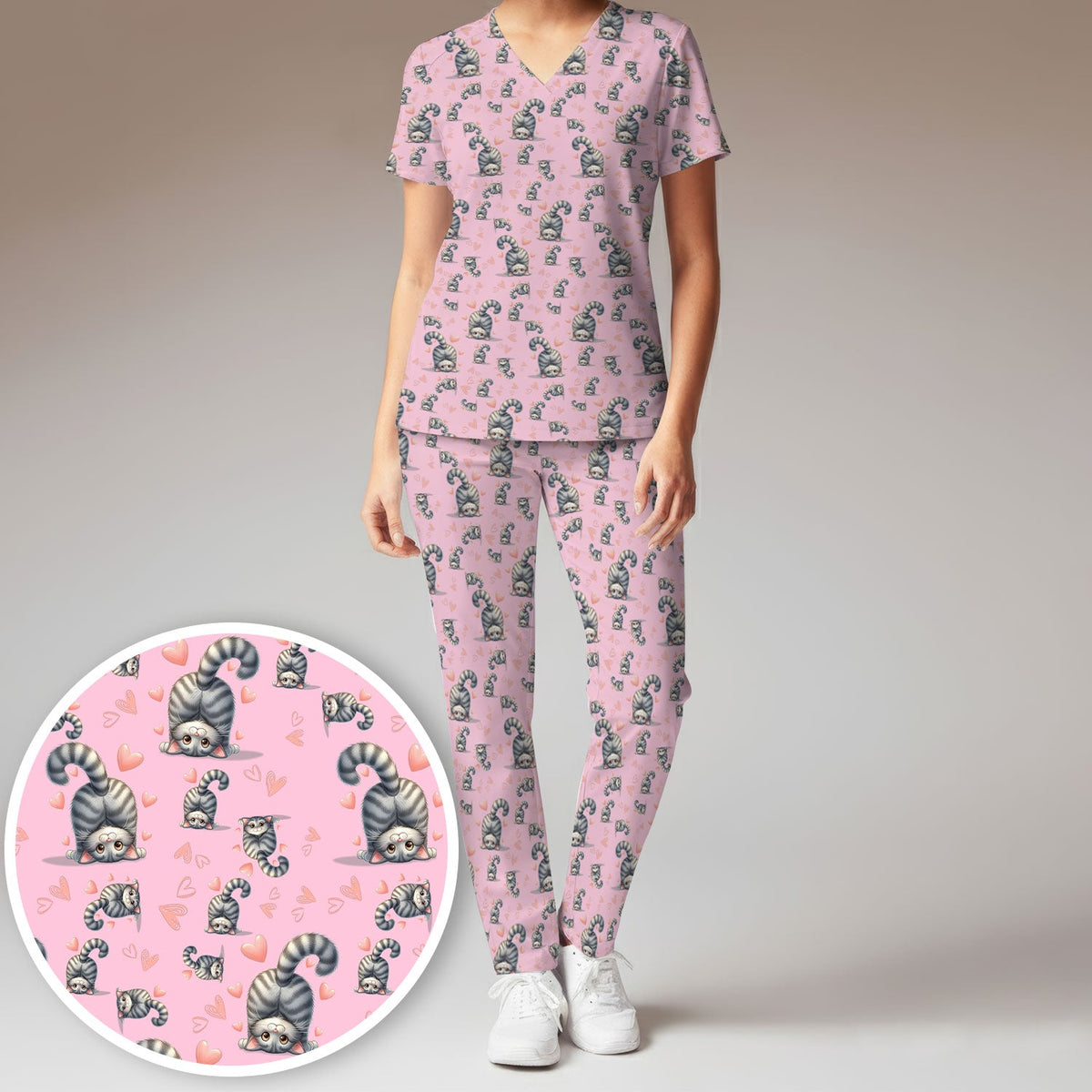 Valentine Cute Cat Heart Nurse Scrub Set