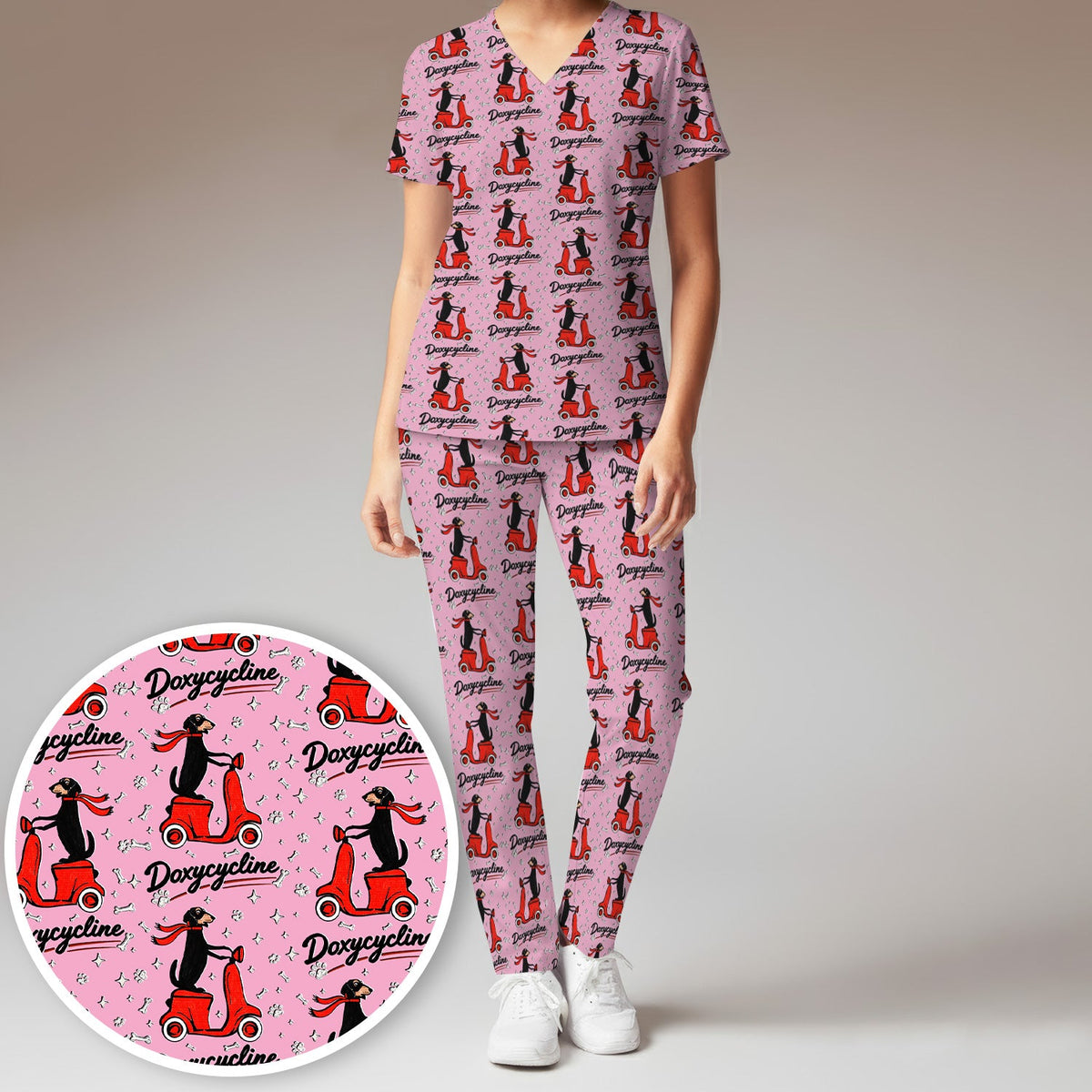Dachshund Riding Scooter Nurse Scrub Set