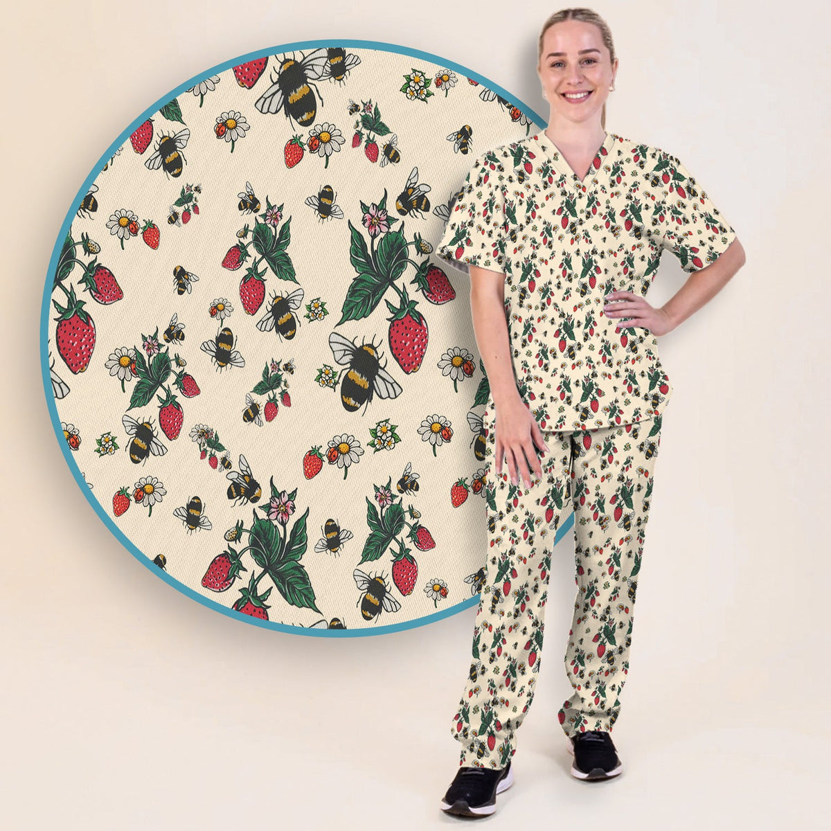 Strawberry Bee Daisy Nurse Scrub Set