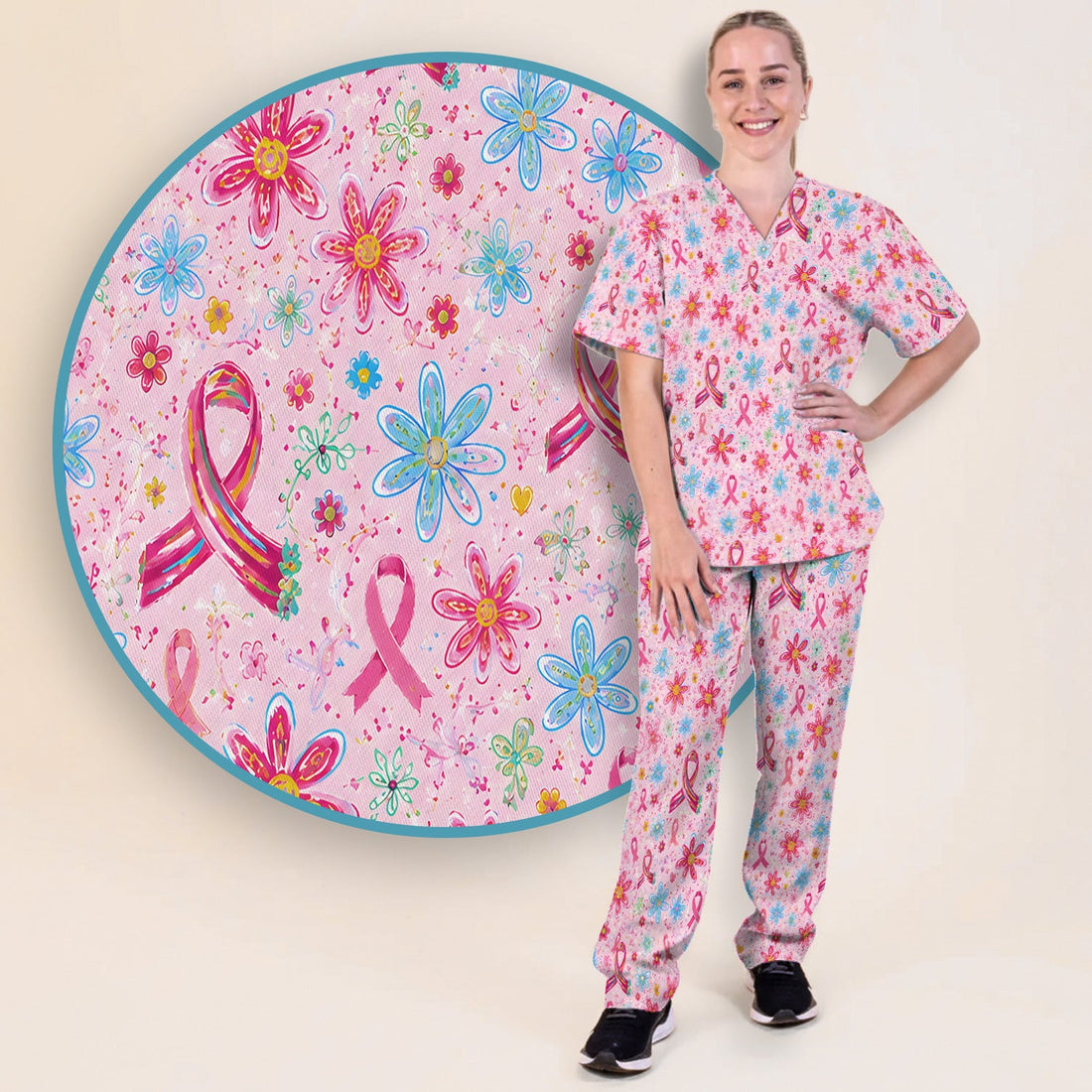 Floral Breast Cancer Awareness Nurse Scrub Set