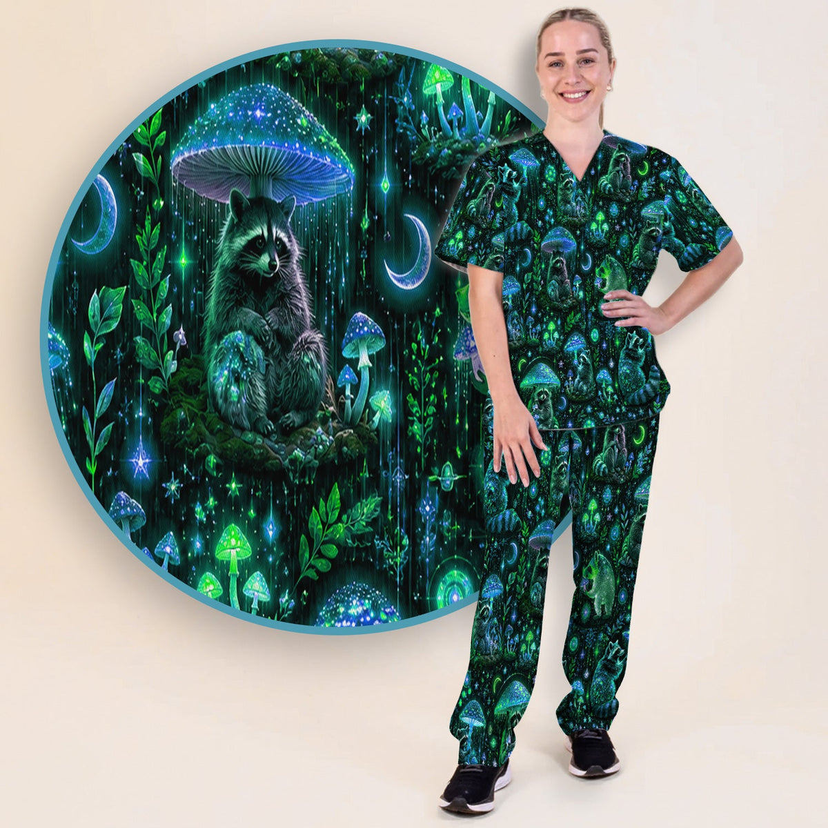 Glowing Raccoon Forest Nurse Scrub Set
