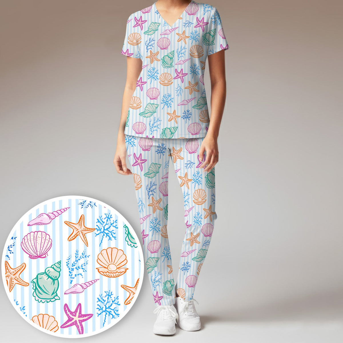 Colorful Seashell Starfish Ocean Stripe Nurse Scrub Set