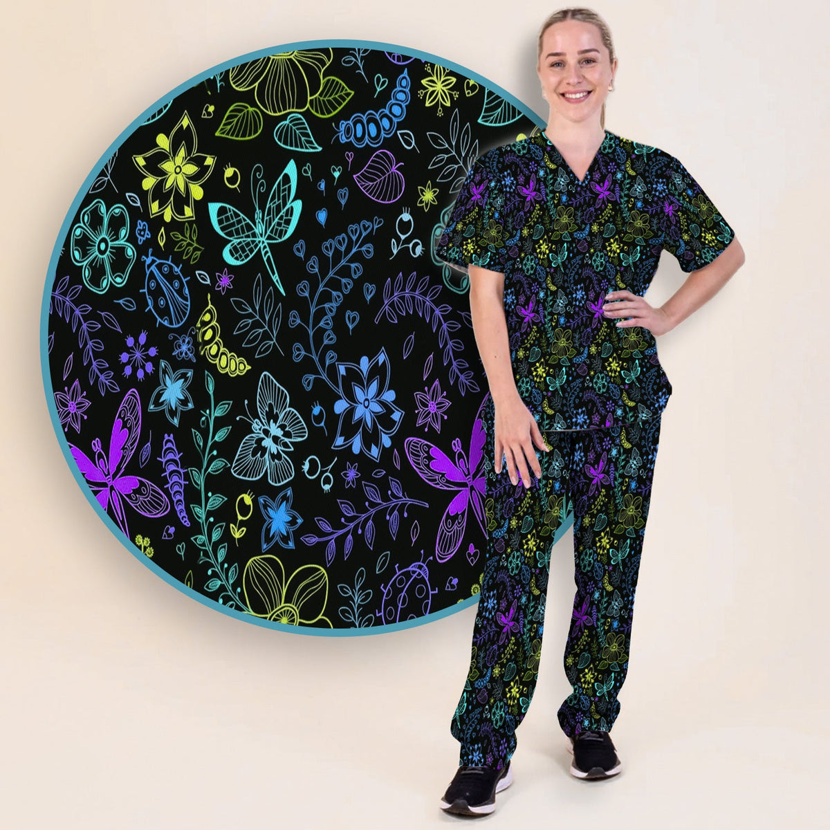 Neon Butterfly Floral Garden Nurse Scrub Set
