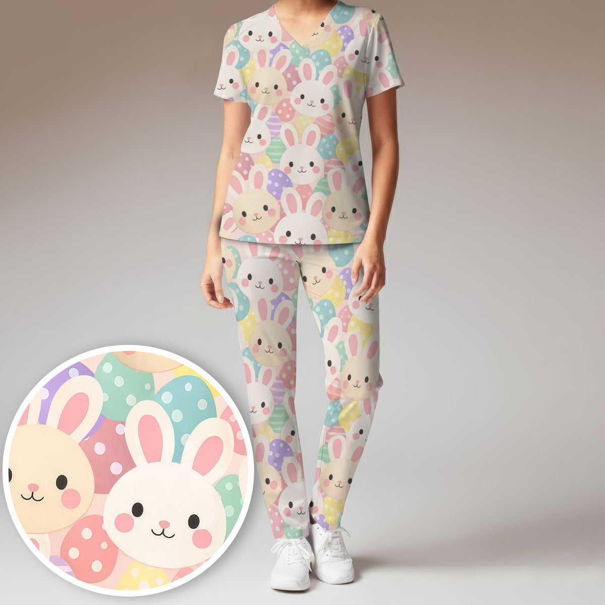 Pastel Bunny Easter Eggs Nurse Scrub Set